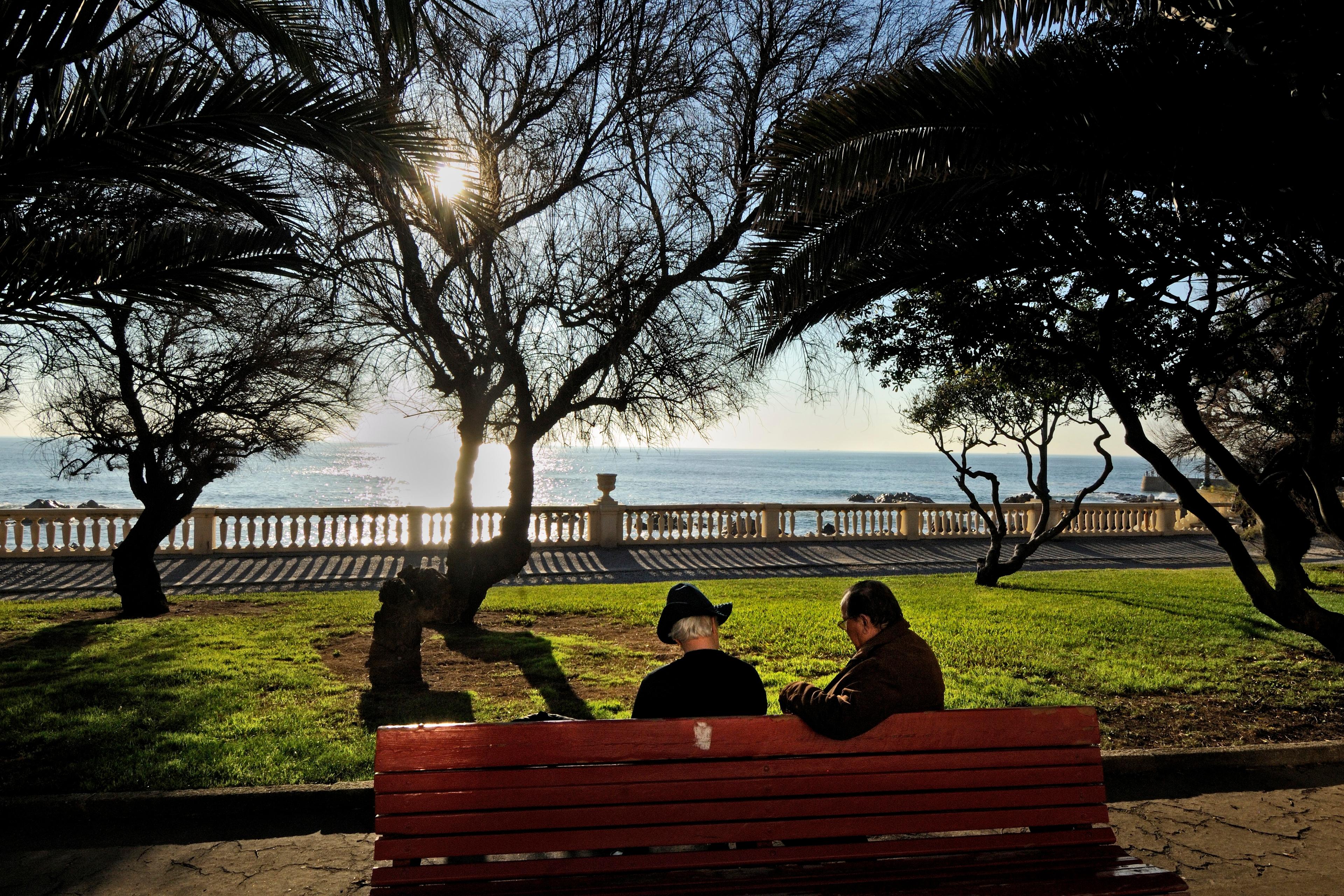 Photo of two people on a bench overlooking a sunny seaside with trees casting shadows on grass and a stone balustrade.