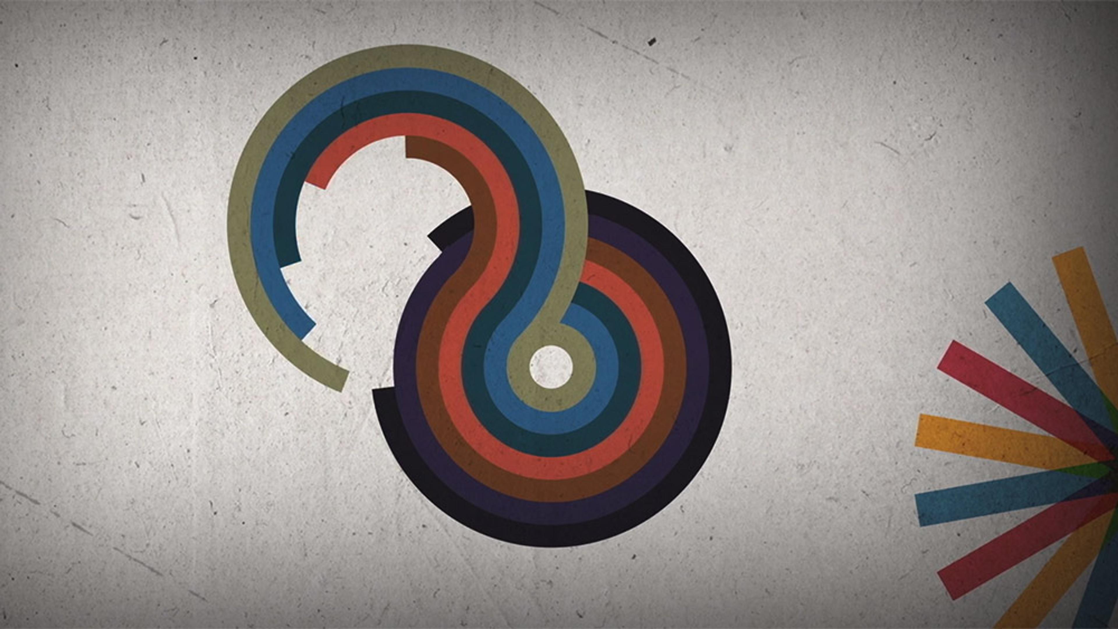 Abstract painting featuring concentric rings in multiple colours forming a figure eight pattern on a textured beige background.