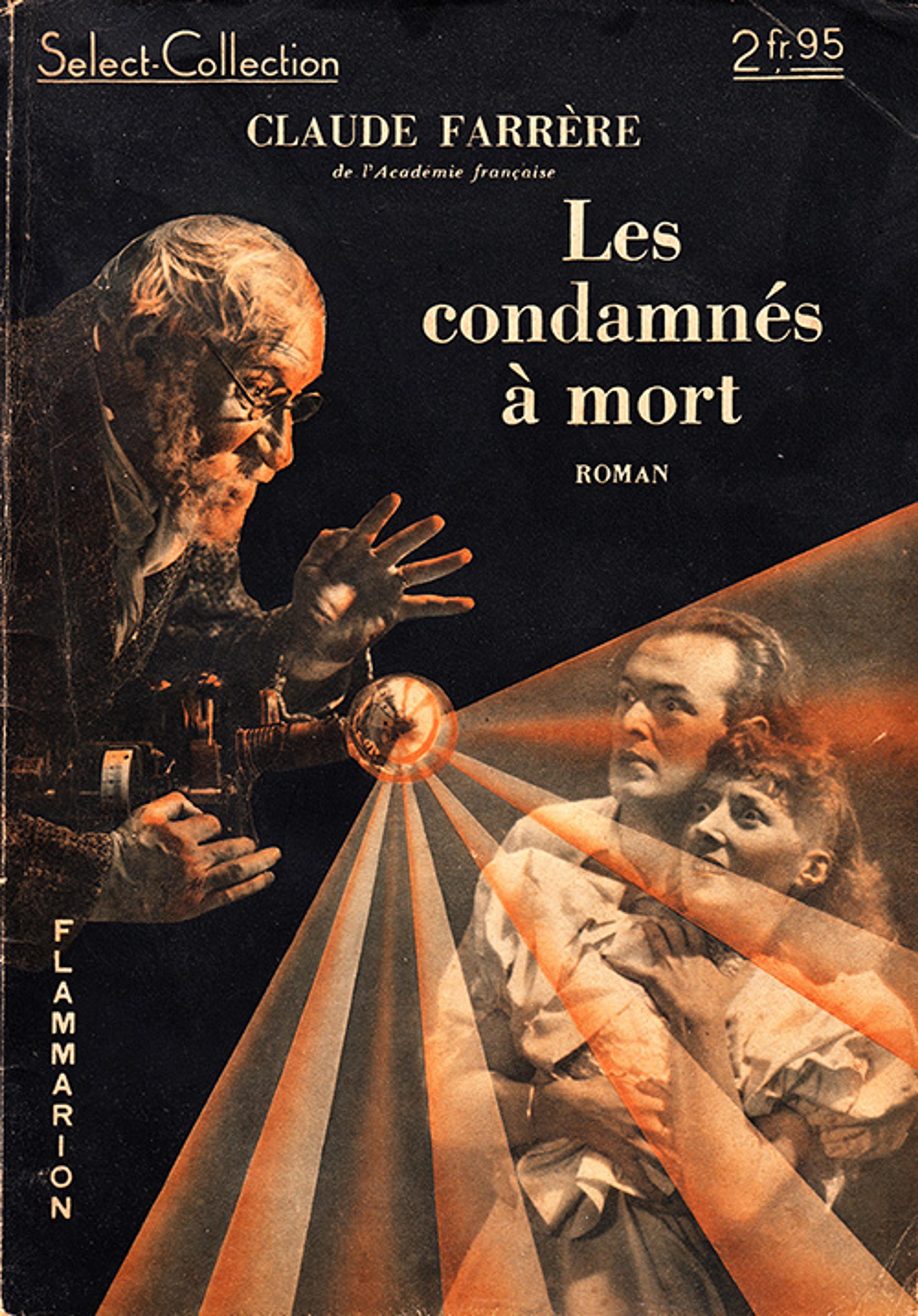 Book cover illustration for “Les condamnés à mort” by Claude Farrère featuring an elderly man with light beams and a couple.