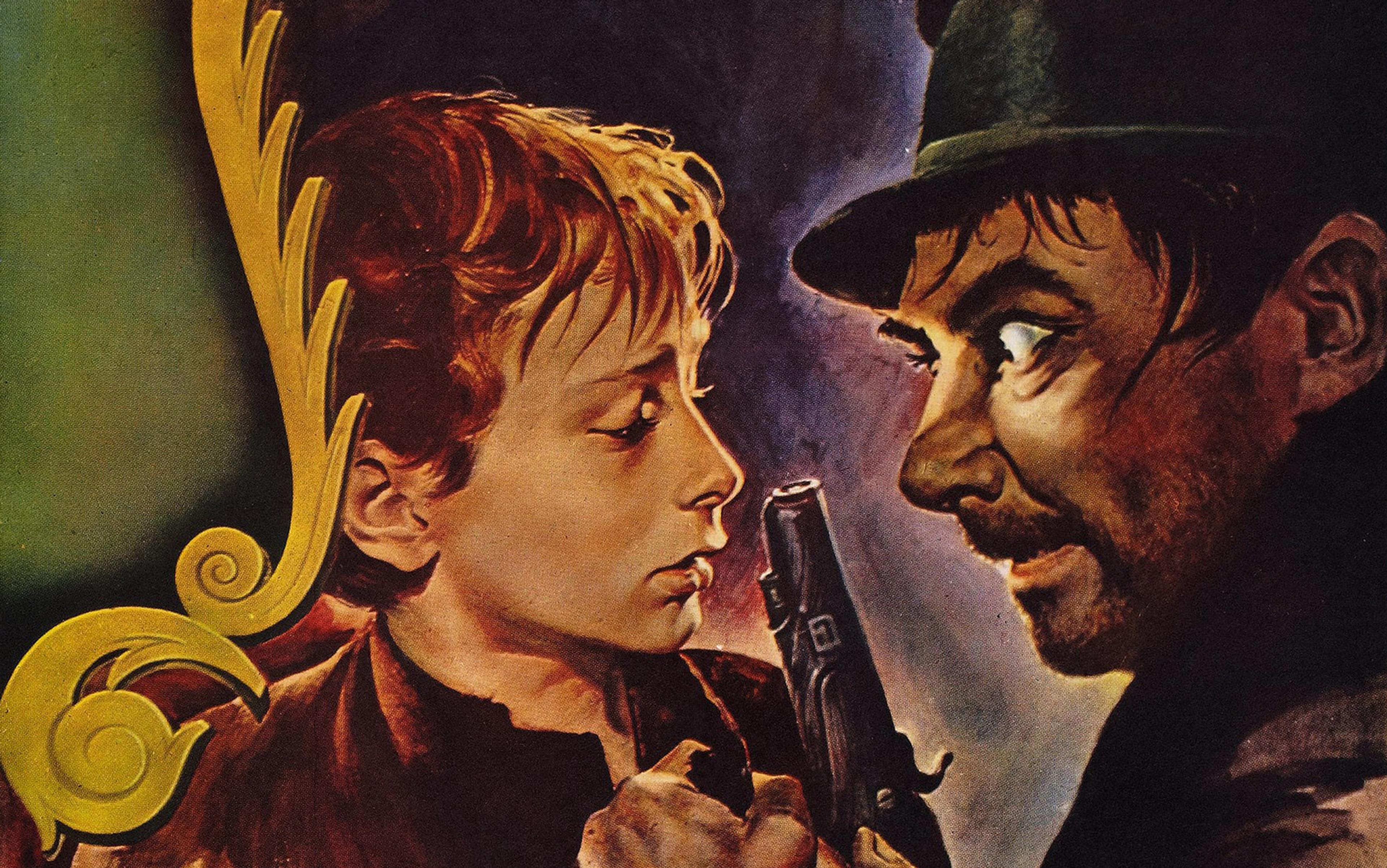 Painting of a tense scene between a young boy and an older man holding a gun, featuring dramatic lighting and expressions.