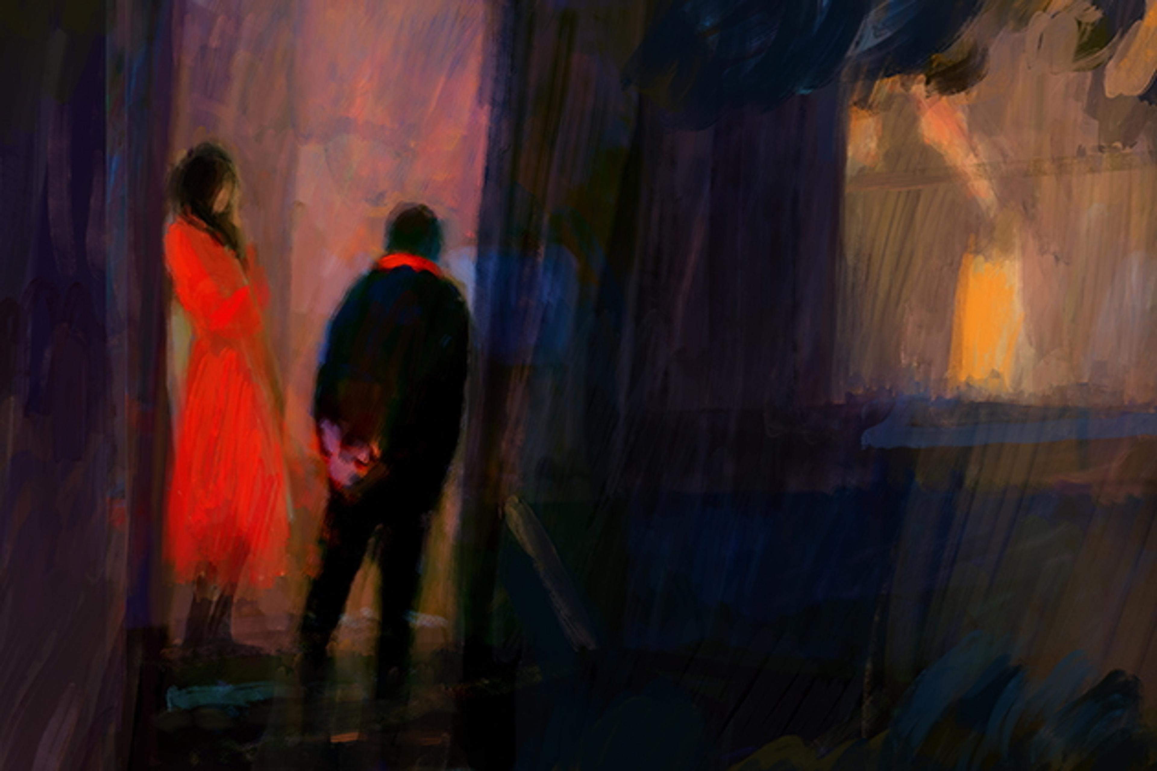 Painting of two figures in a doorway, one in red, with soft brushstrokes and dark, moody colours suggesting night.