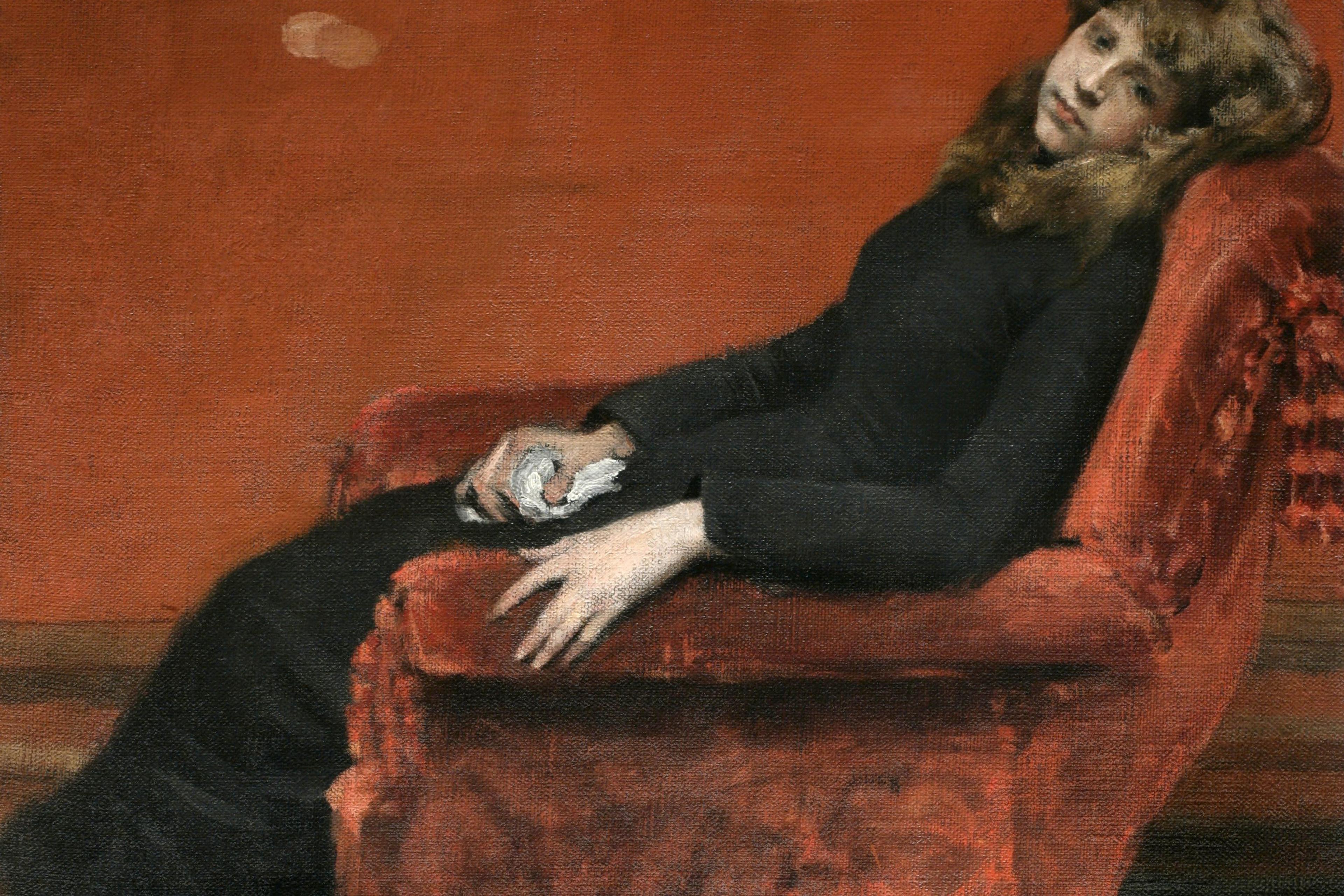 Painting of a young woman in a black dress reclining on a red chair against a red wall holding a white handkerchief.