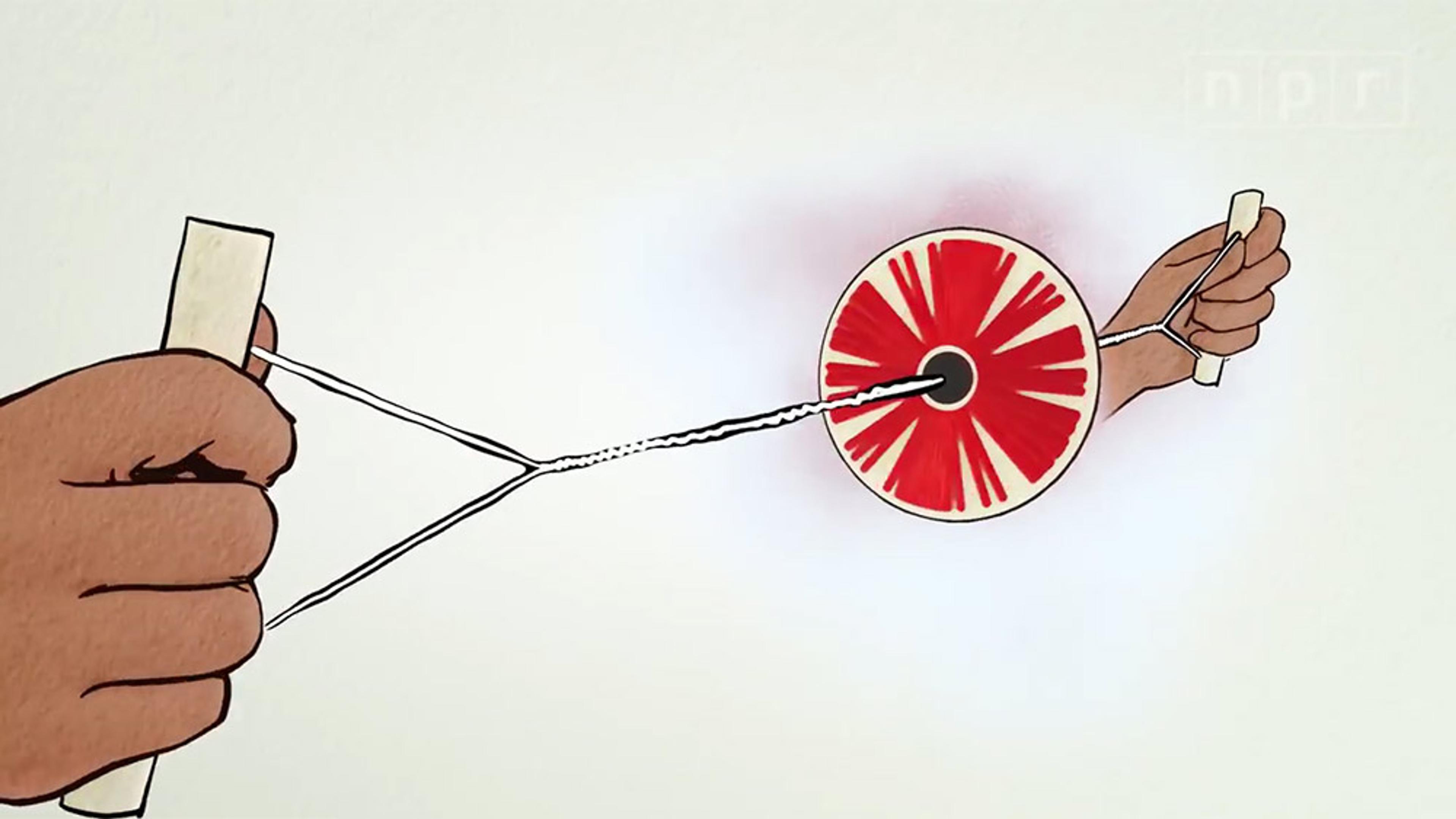Illustration of hands holding a red and white spinning button toy with strings pulled taut. Toy is in motion against a white background.