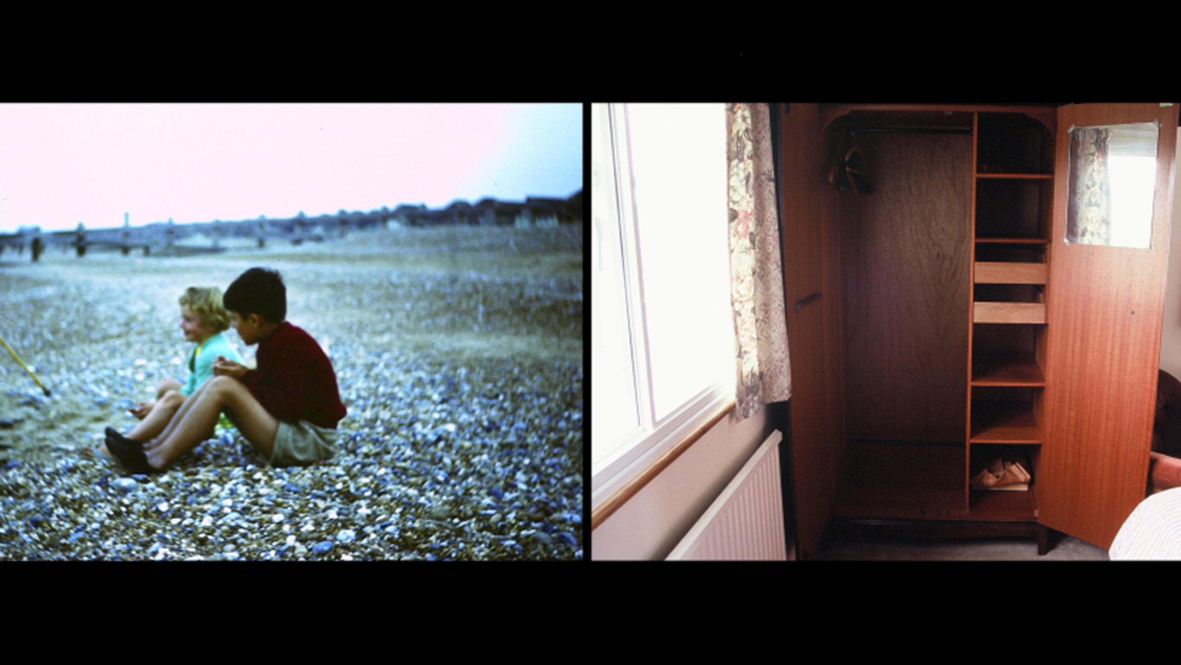 Split photo with children sitting on a beach on the left, an empty wooden wardrobe next to a window on the right.