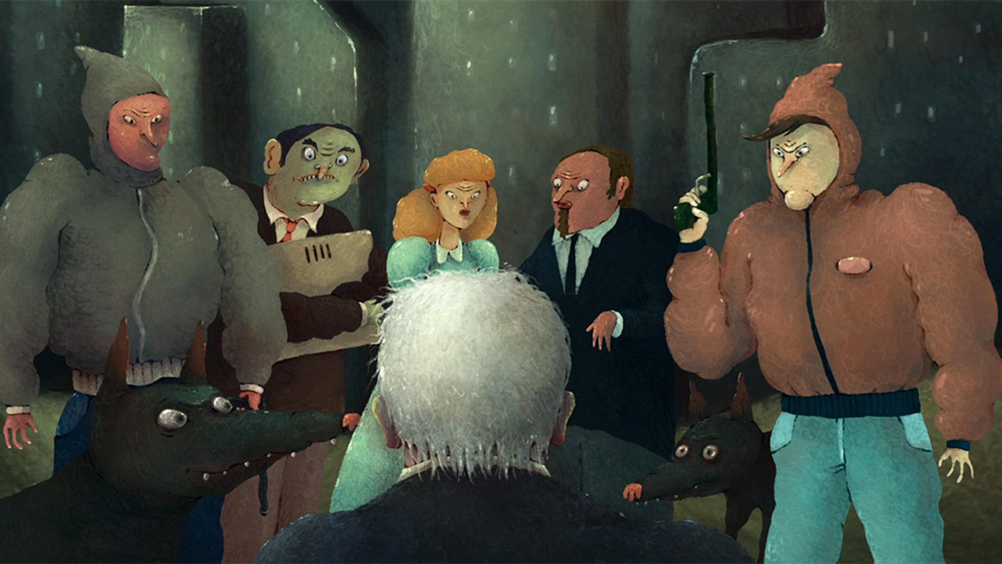 Painting of a bank scene with diverse characters, one holding a gun, facing a figure with white hair in a dim urban setting.