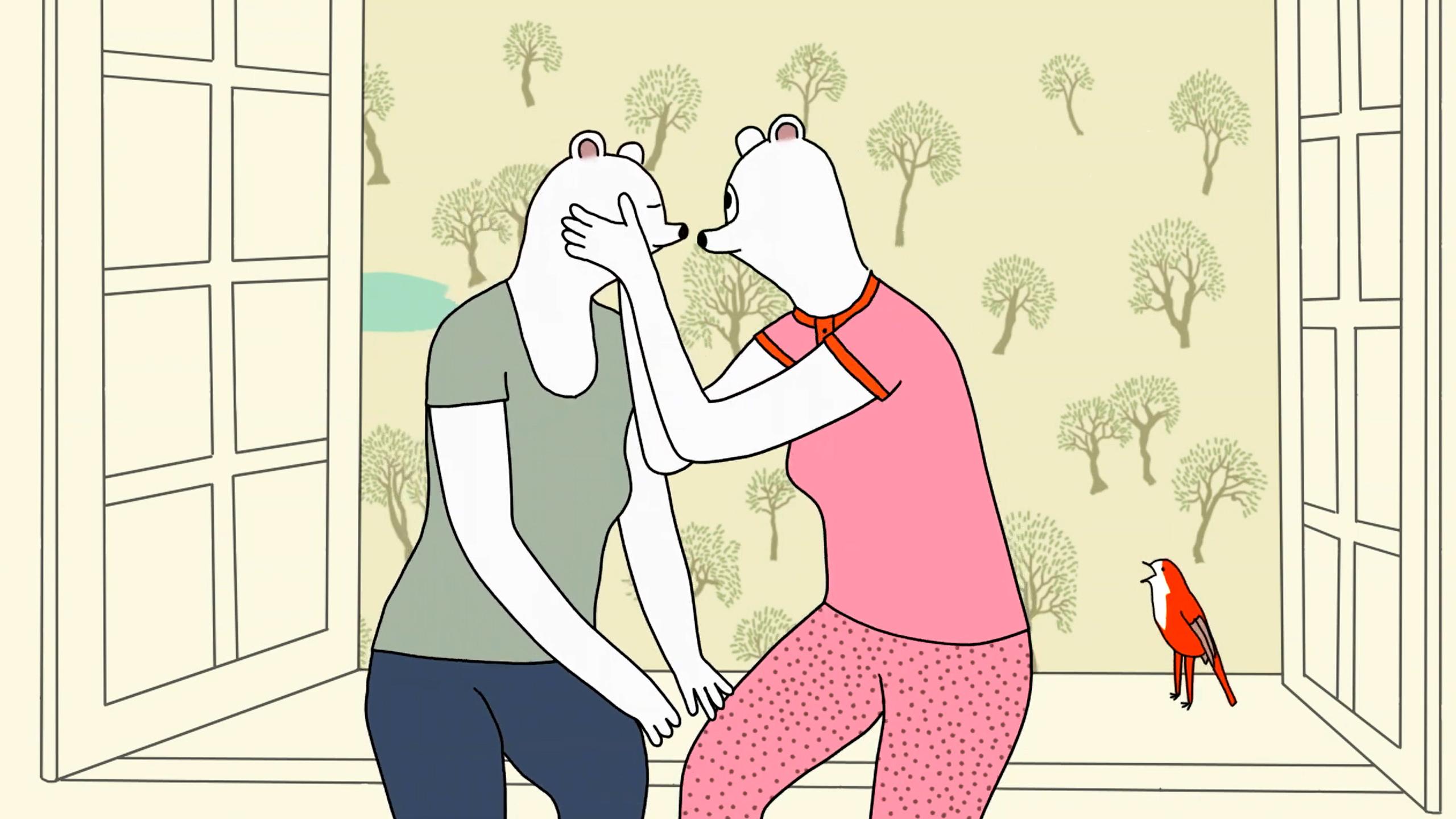 Illustration of two female anthropomorphic bears in a romantic embrace sitting on a window sill, with trees in the background and a red bird beside them.