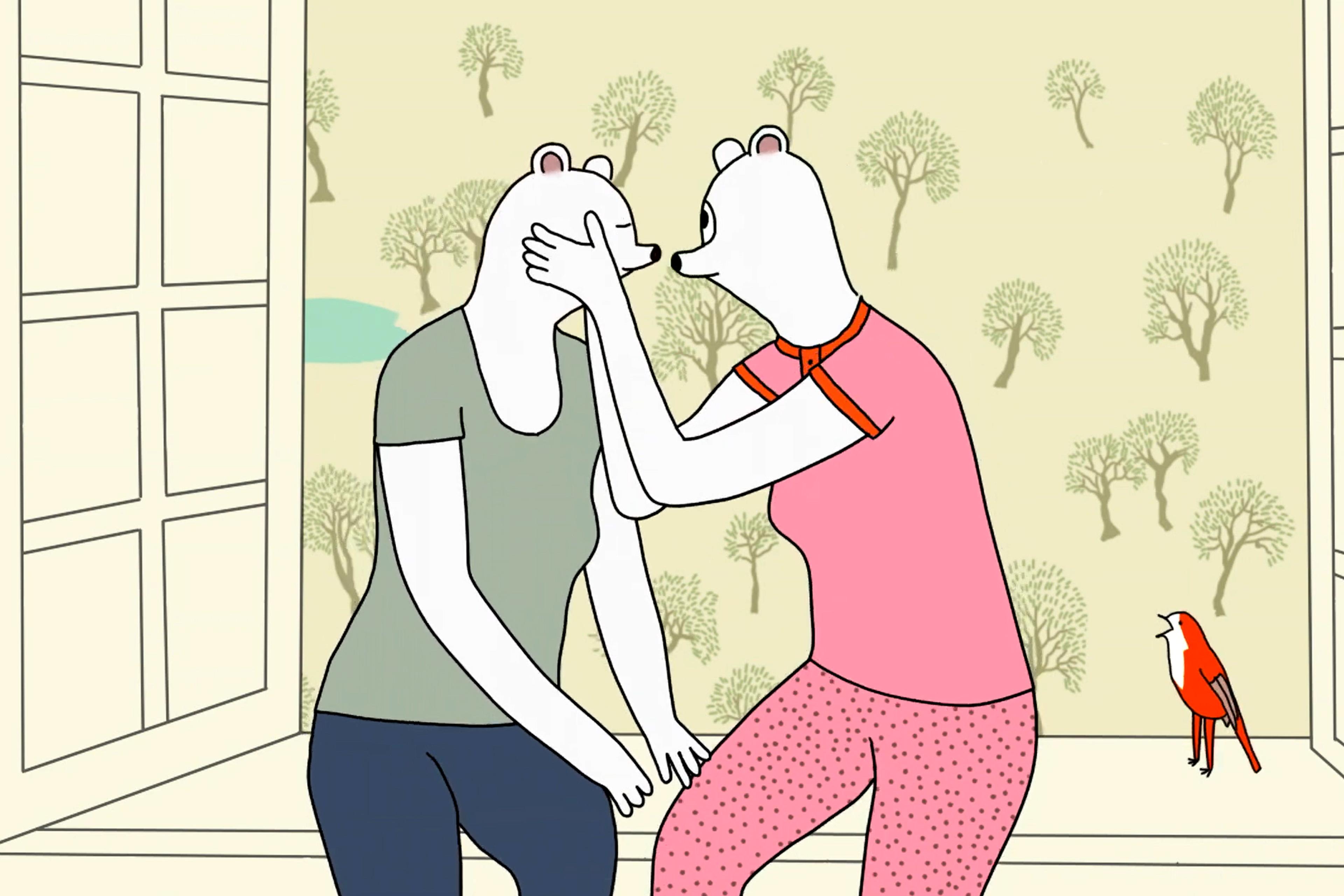 Illustration of two female anthropomorphic bears in a romantic embrace sitting on a window sill, with trees in the background and a red bird beside them.