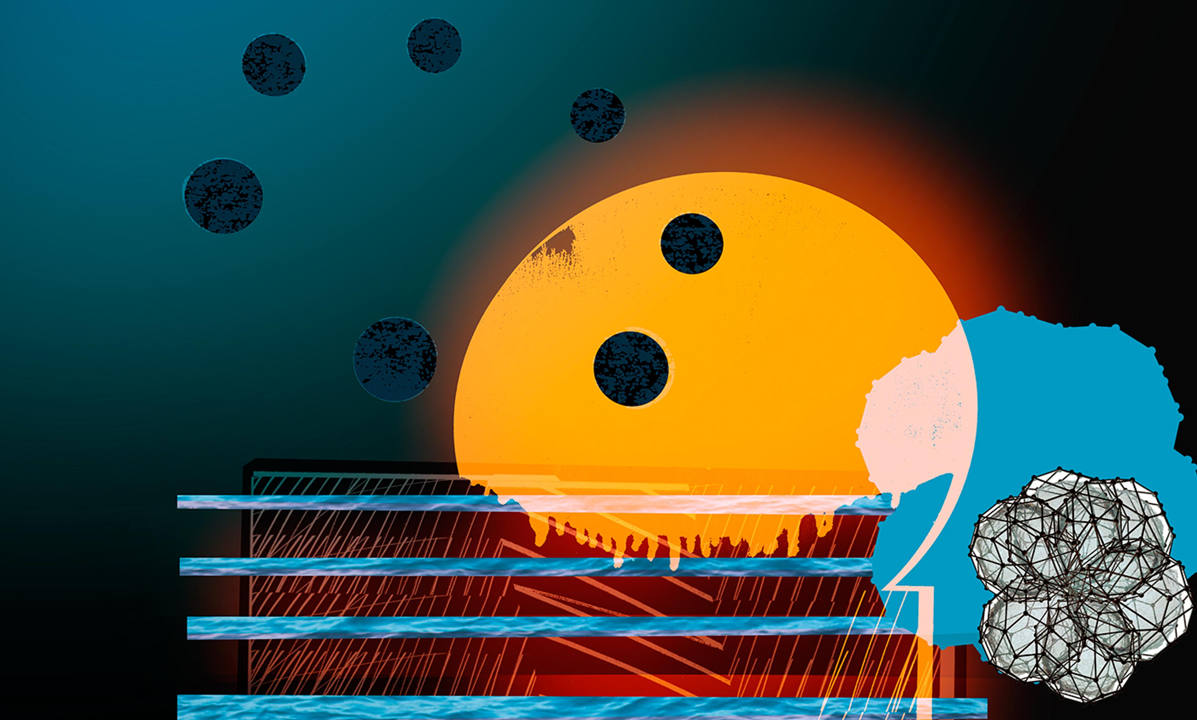 Abstract digital painting featuring a large orange circle, blue and black shapes, lines resembling steps, and a textured ring of moons