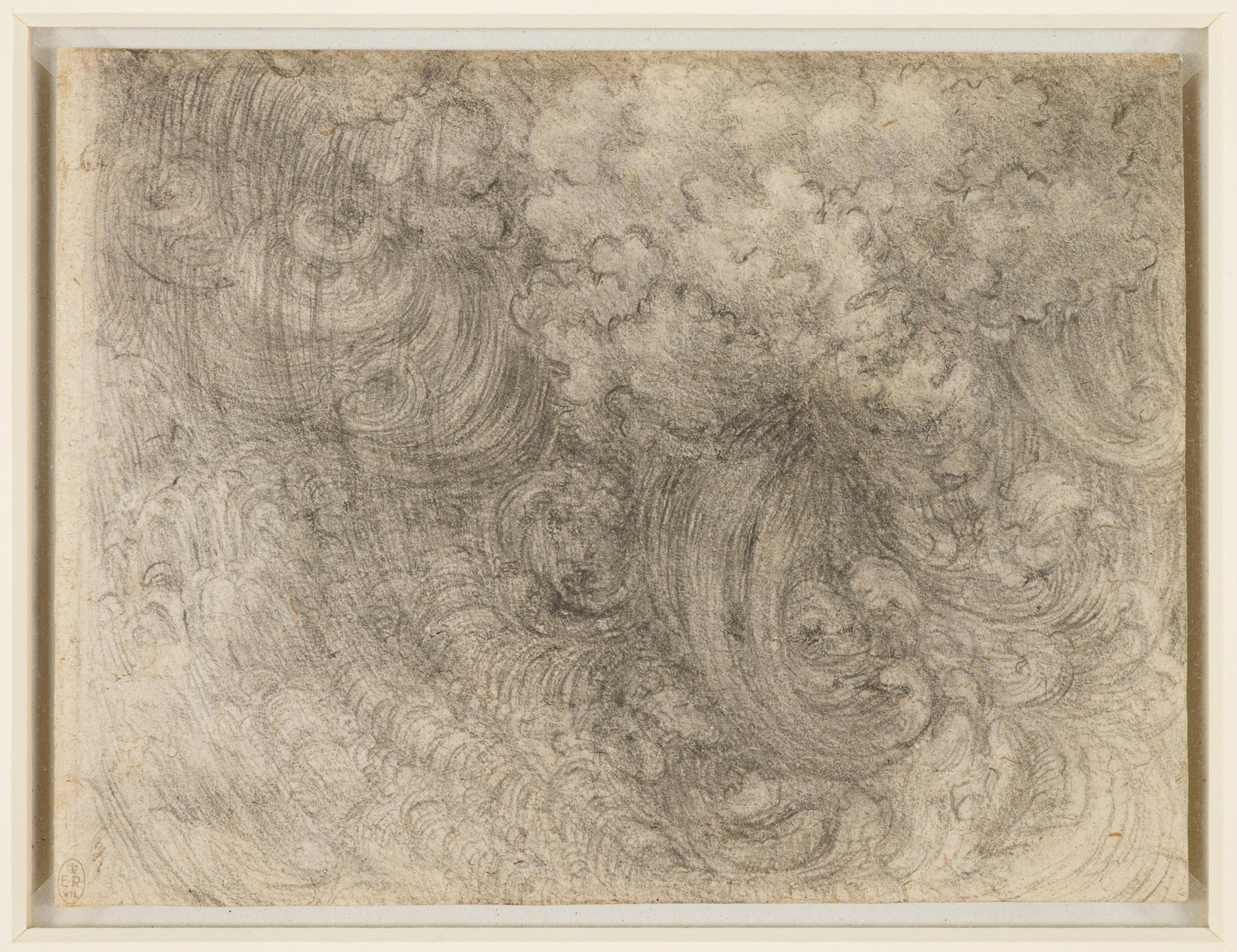 A graphite drawing of swirling clouds and intricate patterns framed in a white border.