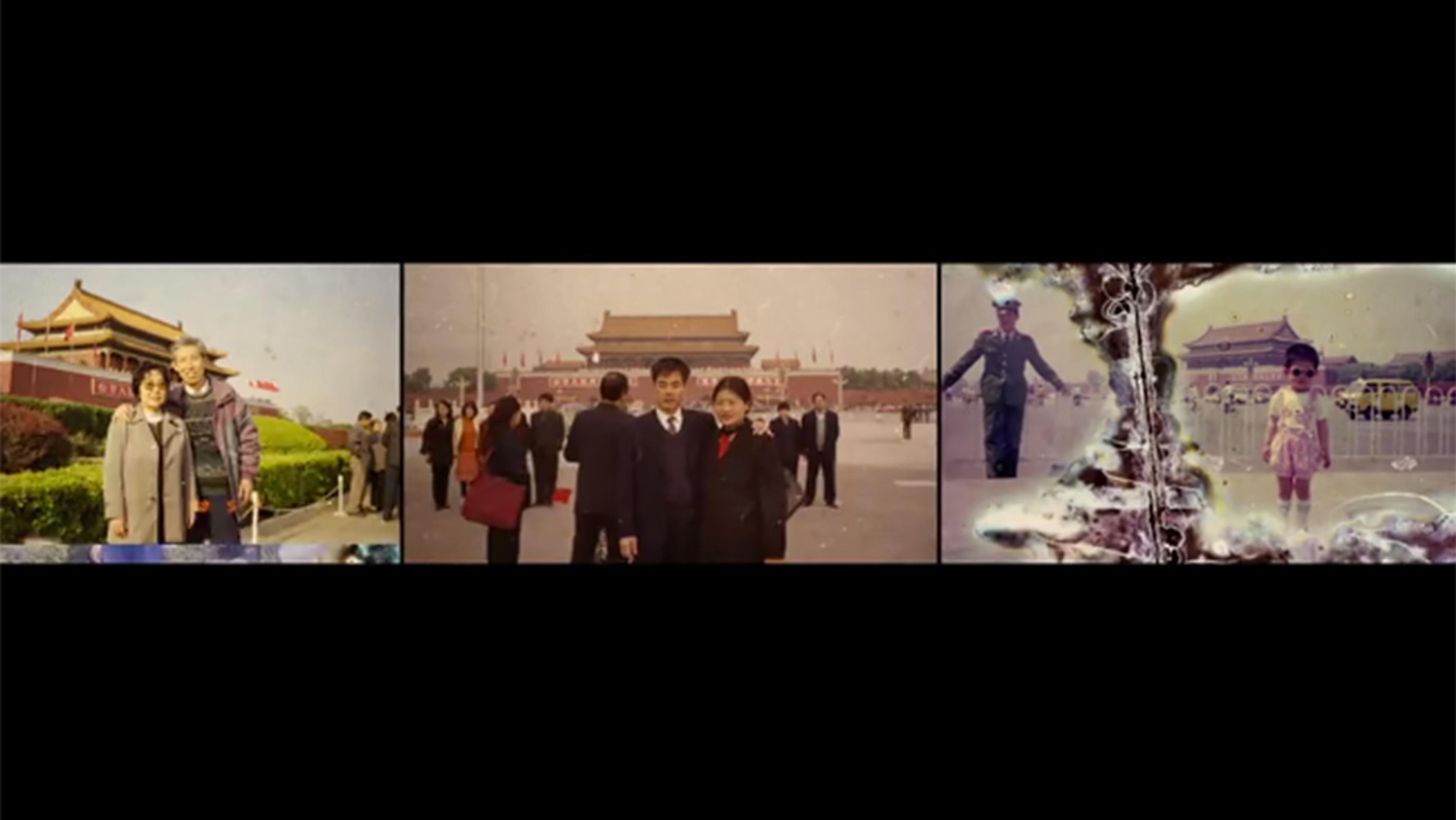 Collage showing three historical family portraits taken in front of a landmark building; two are faded and one is damaged.