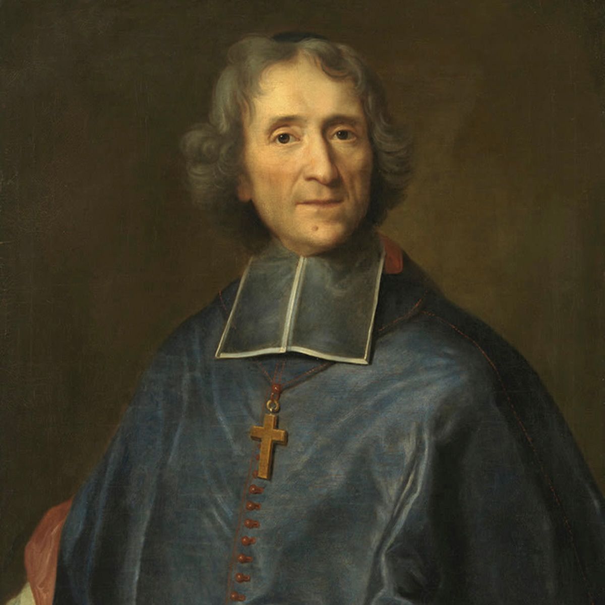 Portrait painting of a man in religious attire with a cross necklace, wearing a blue robe against a dark background.