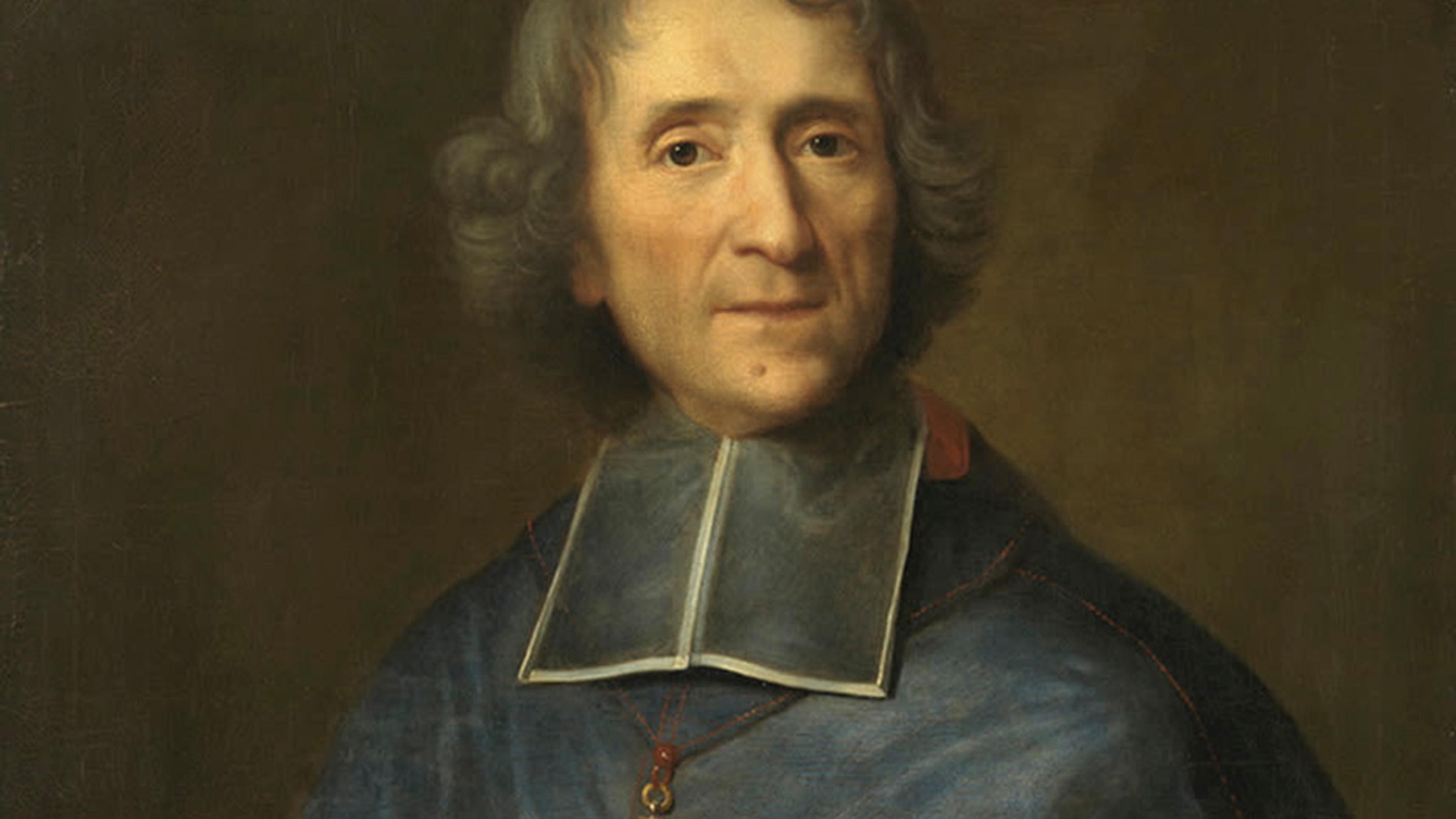 Portrait painting of a man in religious attire with a cross necklace, wearing a blue robe against a dark background.