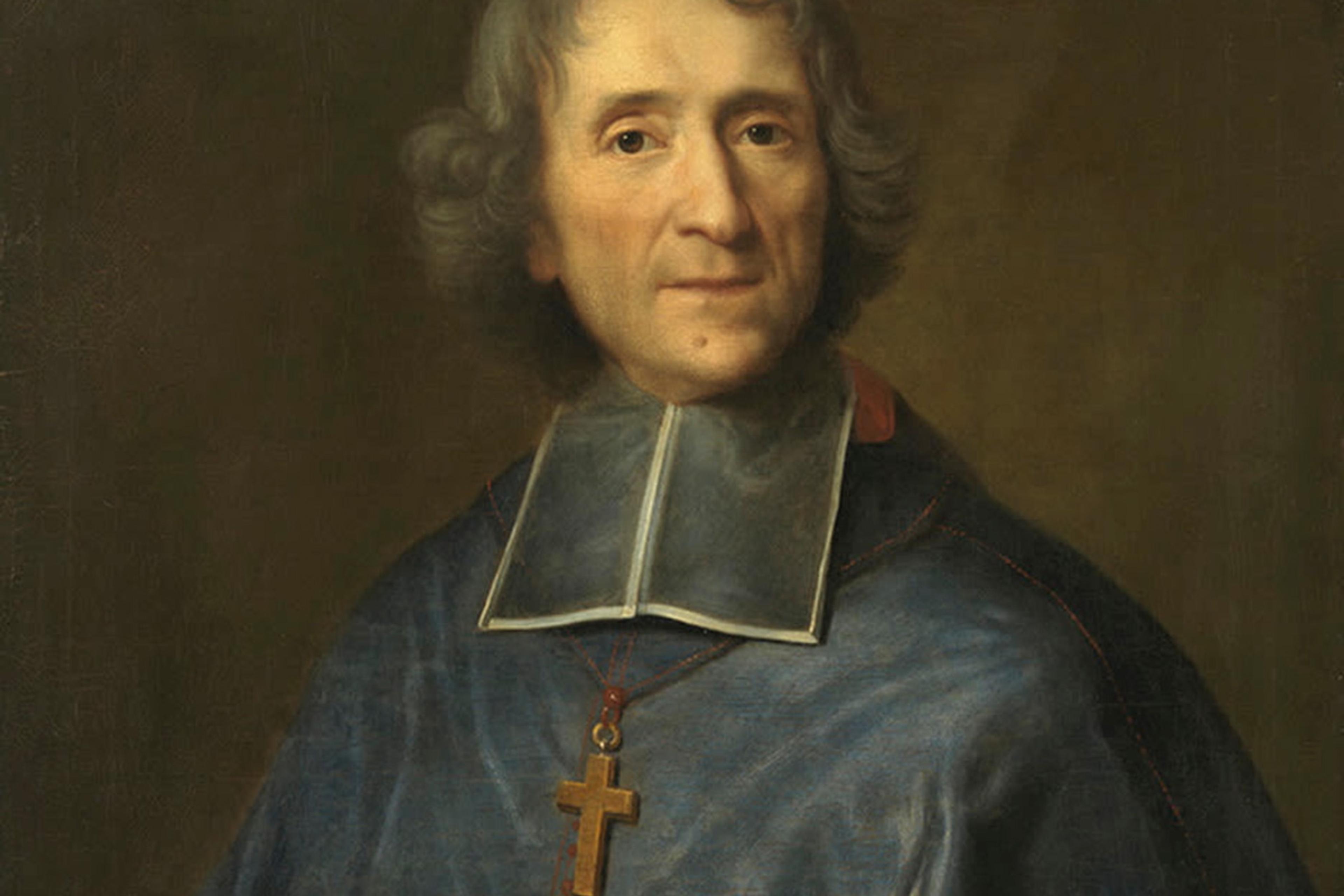 Portrait painting of a man in religious attire with a cross necklace, wearing a blue robe against a dark background.