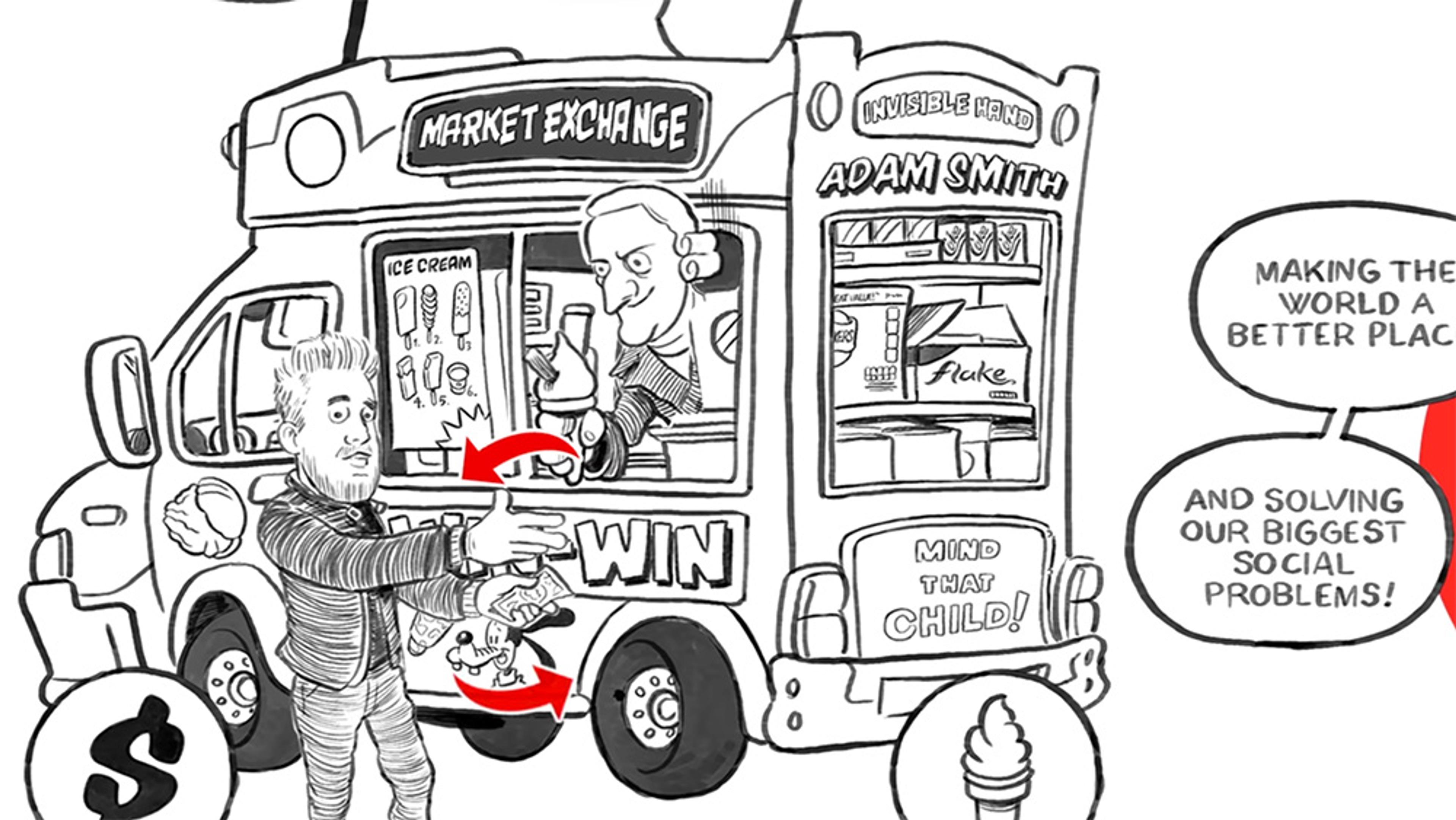 Cartoon of an ice cream van labelled Market Exchange with Adam Smith serving a man who is exchanging money for an ice cream.