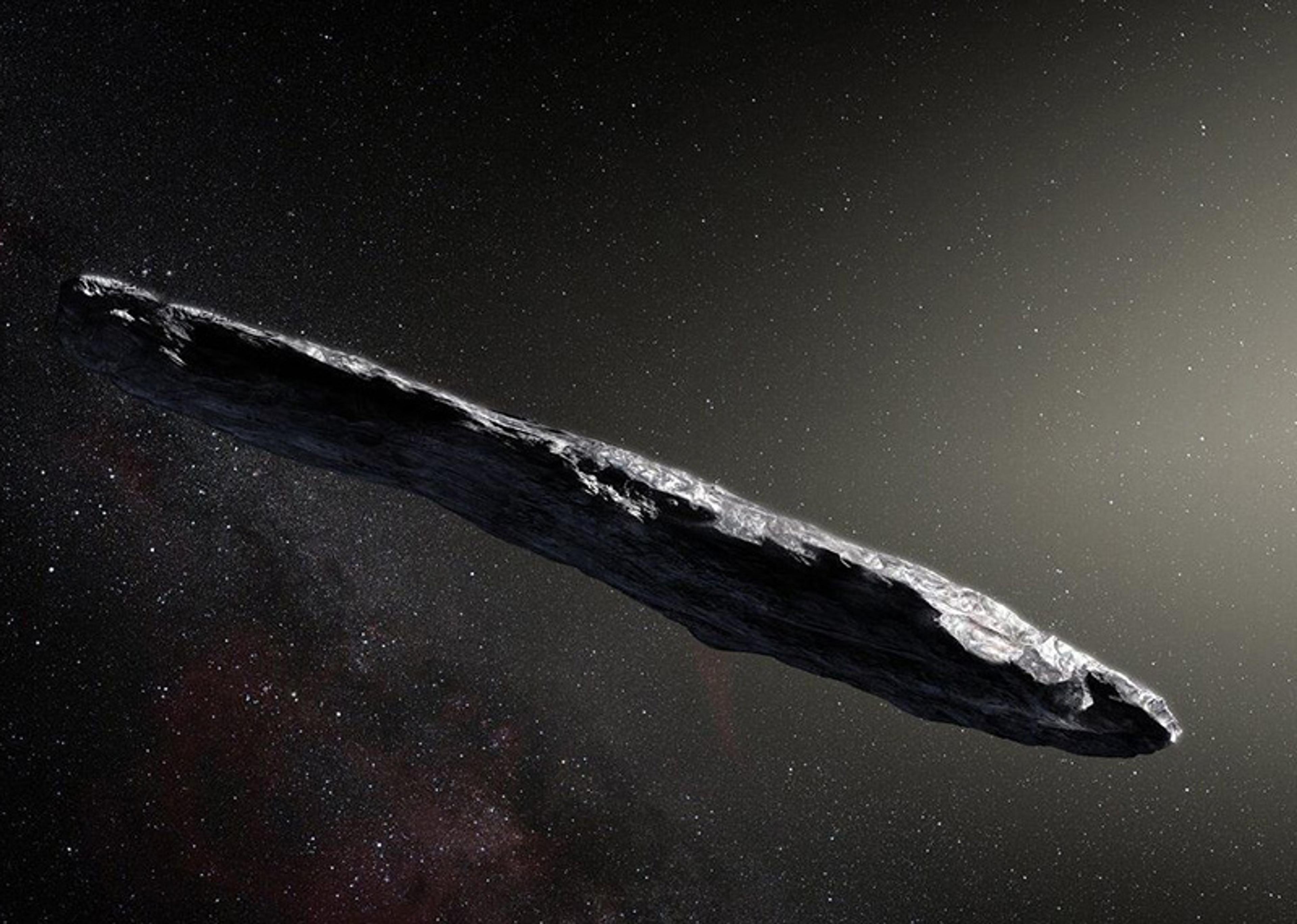 Artist’s impression of an elongated, dark asteroid-like object floating in space with a starry backdrop.