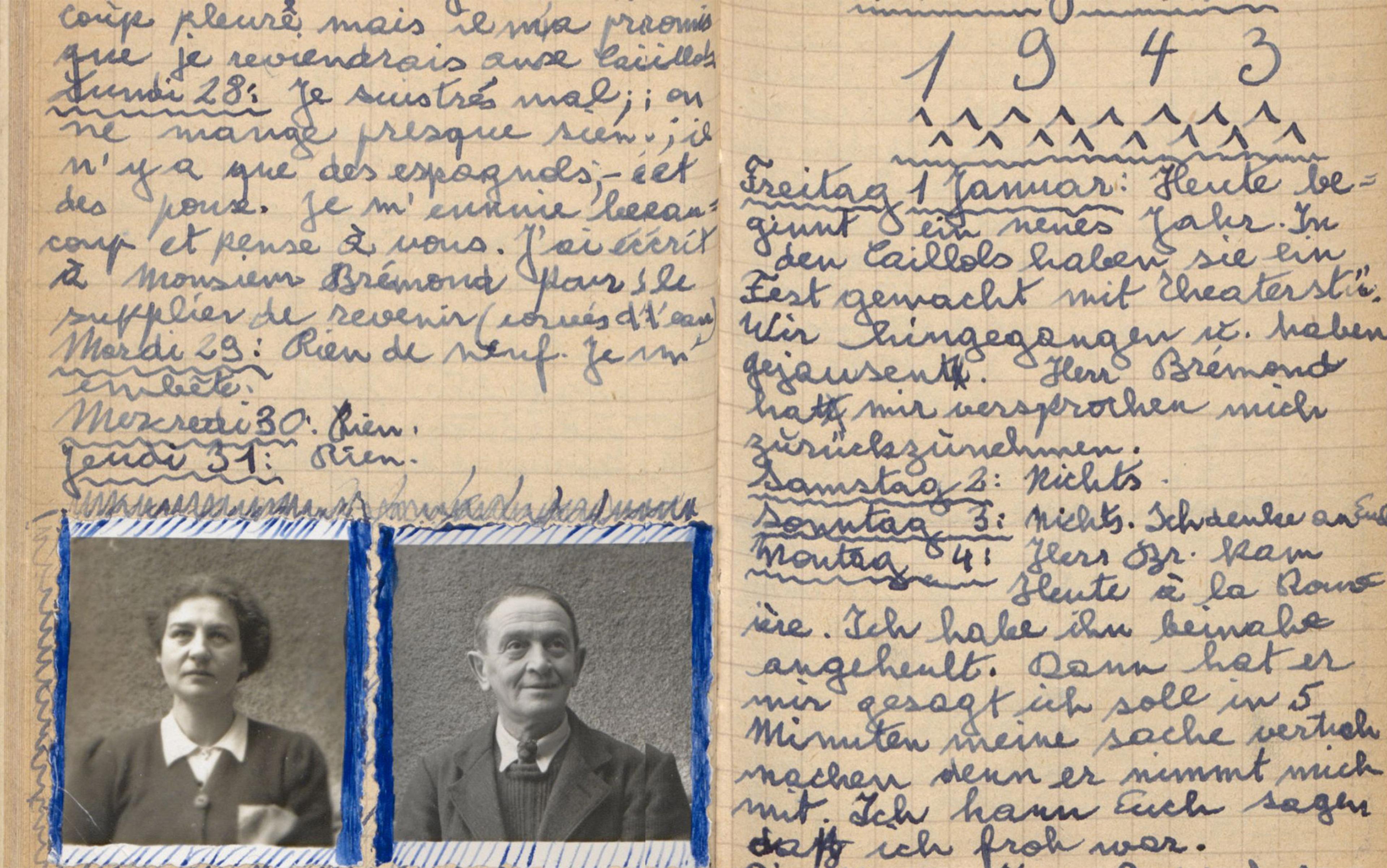 A diary page from 1943, featuring handwritten text in French and German and two small black-and-white photographs of a man and a woman at the bottom.