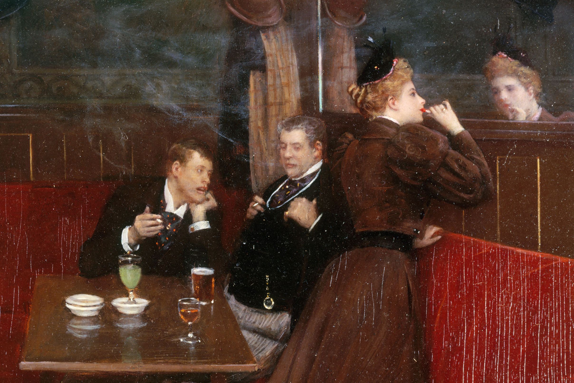 Painting of a late-19th century pub scene with two men and a woman, drinks on the table, the woman looking into a mirror.