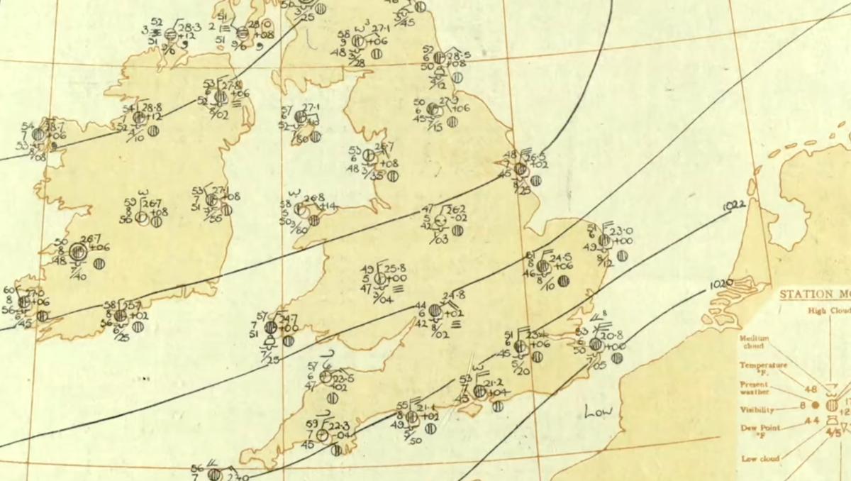Weather map showing temperature, cloud cover, and other meteorological data across Ireland, the UK, and part of mainland Europe. Isobars are also depicted.