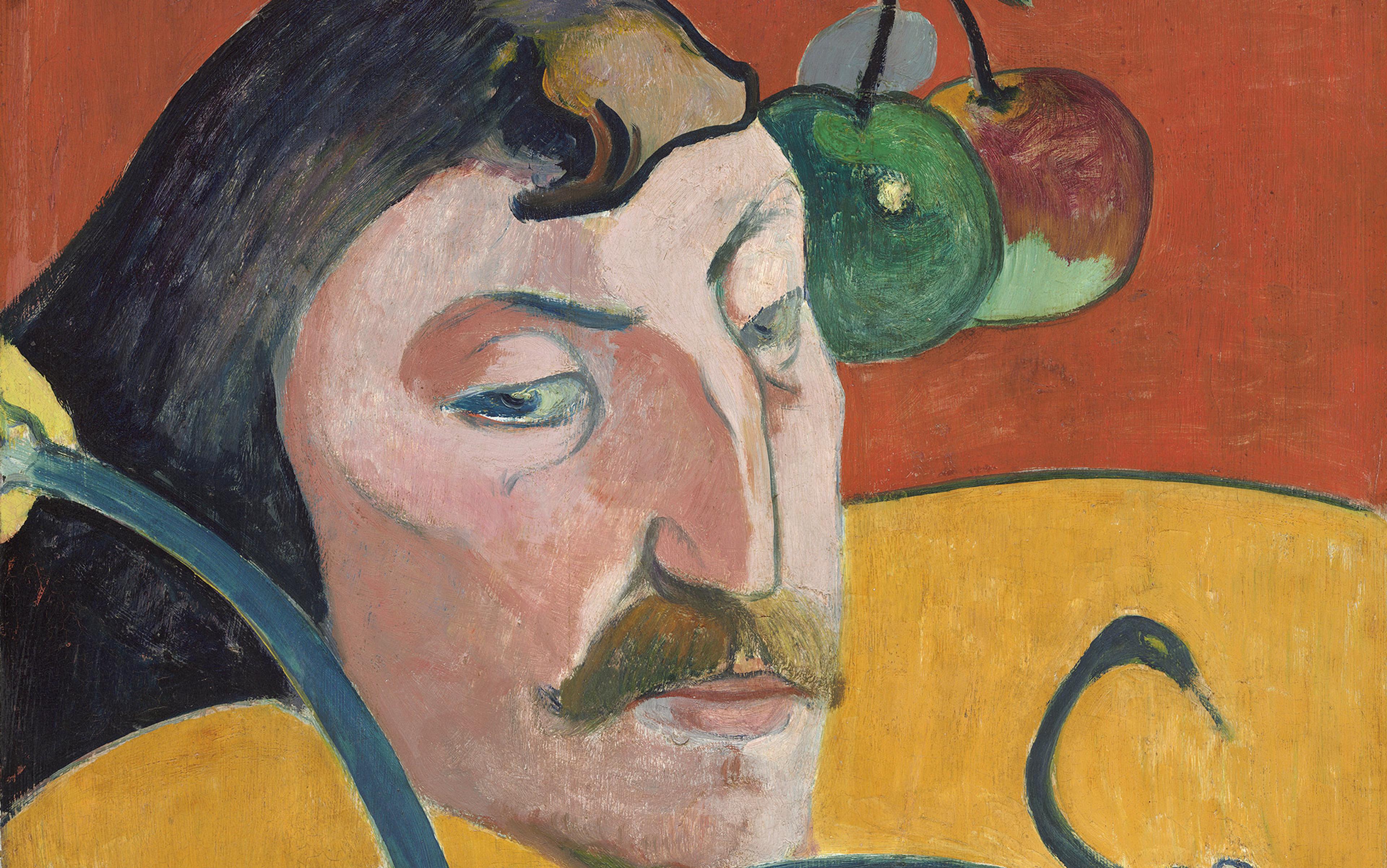 A painting of a man’s face with exaggerated features and a moustache, set against a red backdrop with two apples.