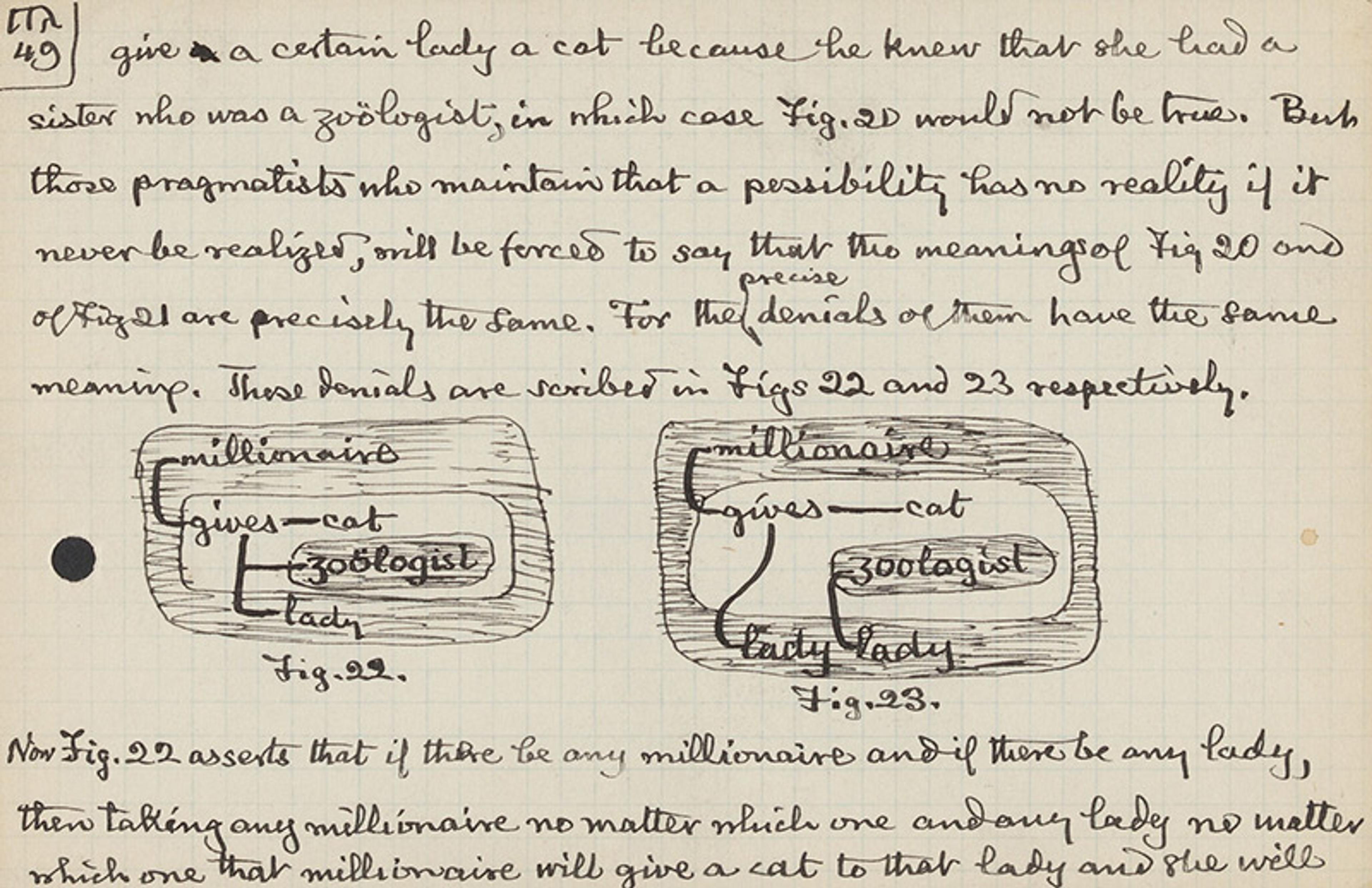 Handwritten notes with two labelled diagrams illustrating logical scenarios involving millionaires, cats, zoologists and a lady.