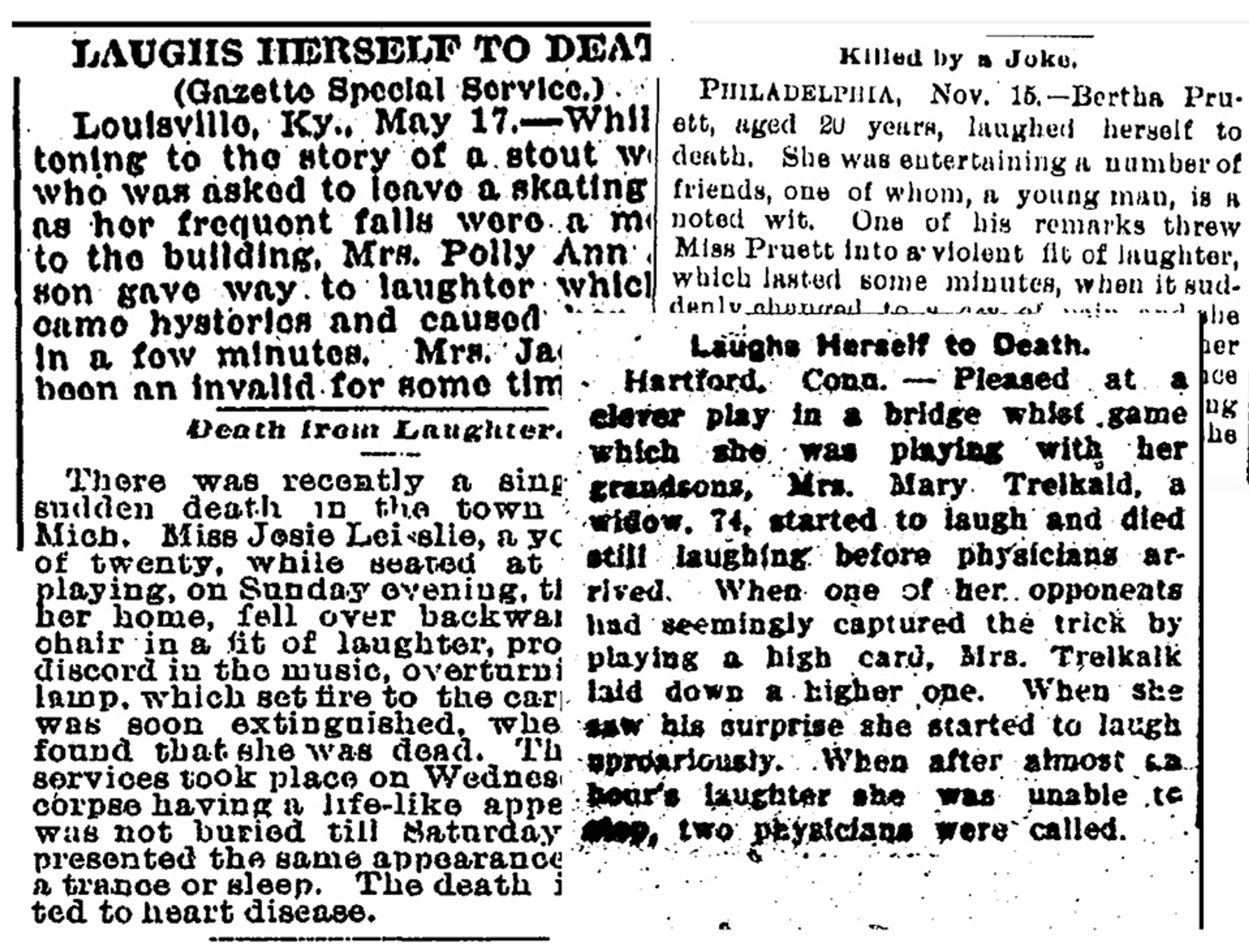 Image of a newspaper clipping with multiple articles describing incidents where people laughed themselves to death.