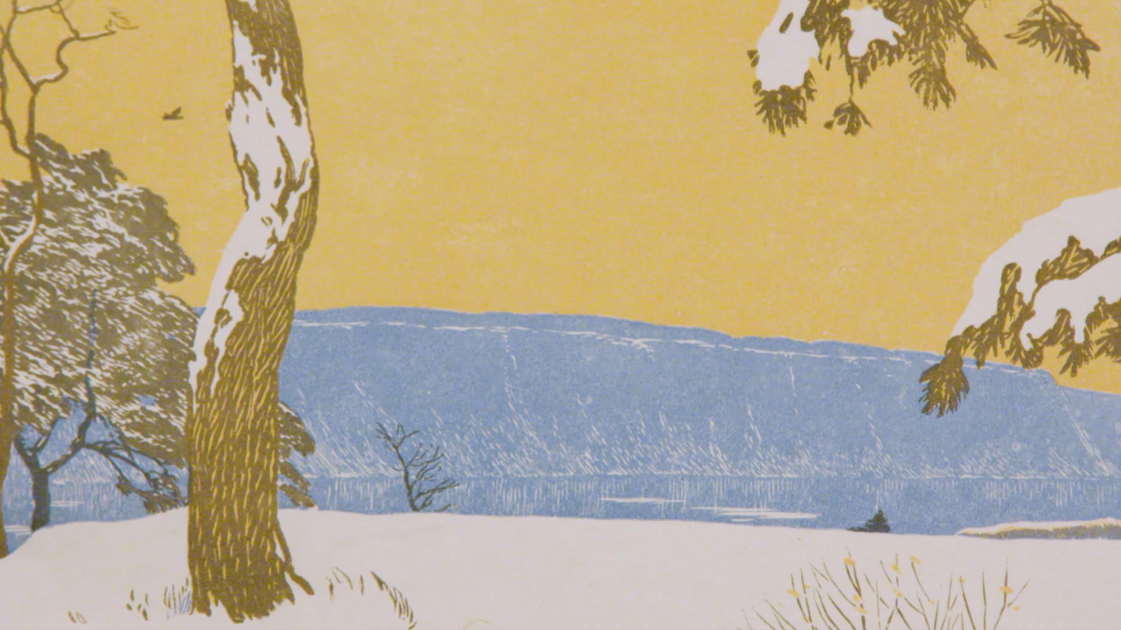 A serene landscape of snowy trees and hills set against a backdrop of a yellow sky and blue mountain range. A bird can be seen flying near the edge of a tall tree on the left, and snow-covered branches frame the scene on the right.