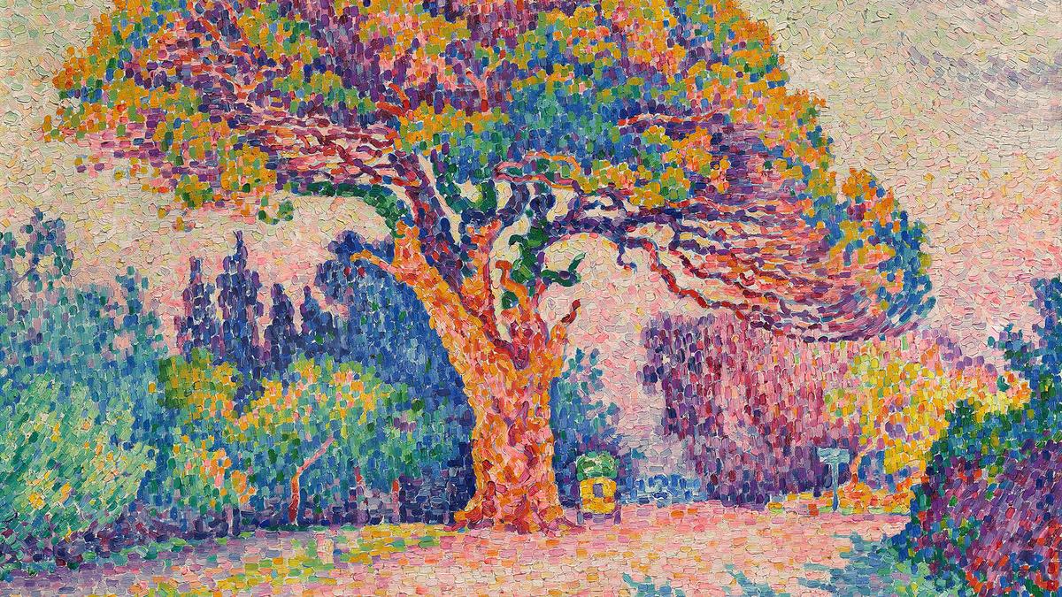Pointillist painting of a vibrant tree with colourful foliage and textured background in a natural setting.