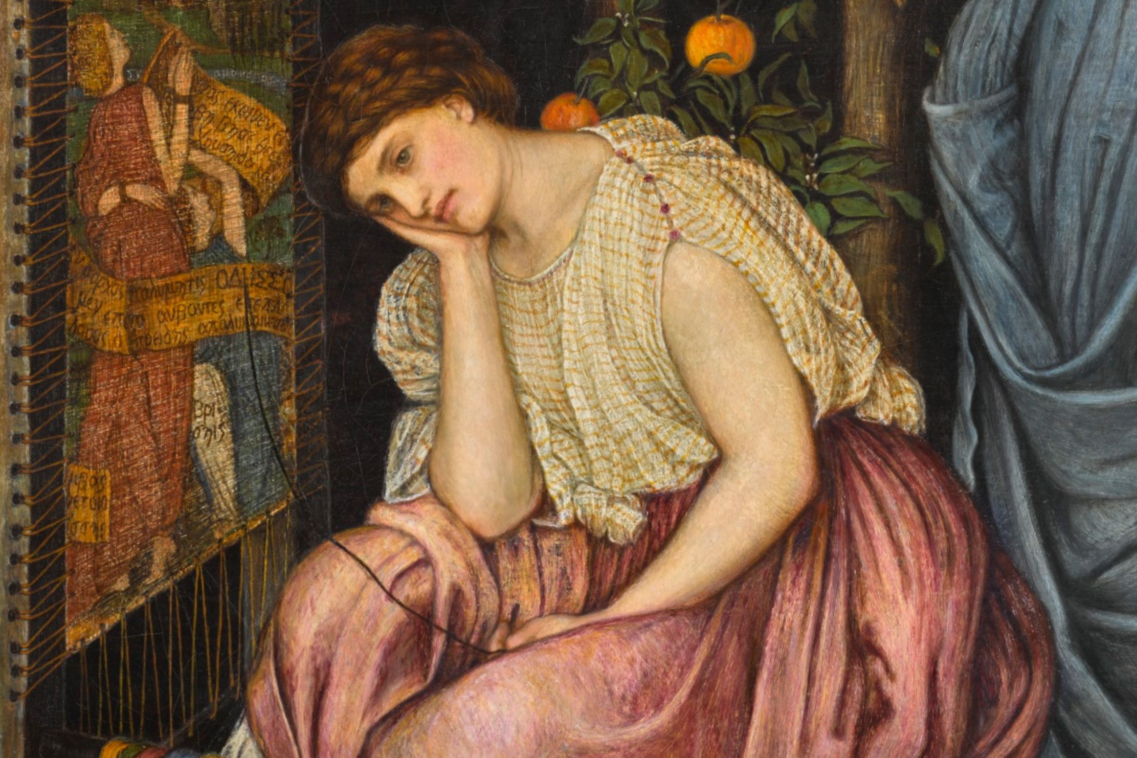 A painting of a woman in a gown sitting pensively by a loom with an orange tree in the background.