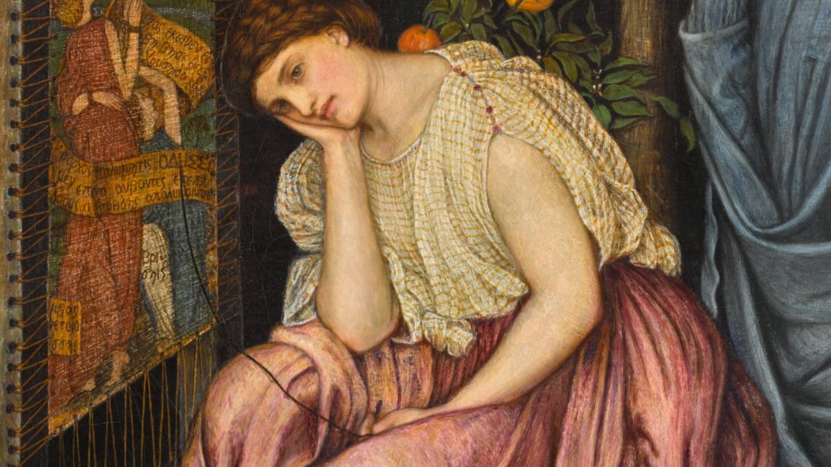 A painting of a woman in a gown sitting pensively by a loom with an orange tree in the background.