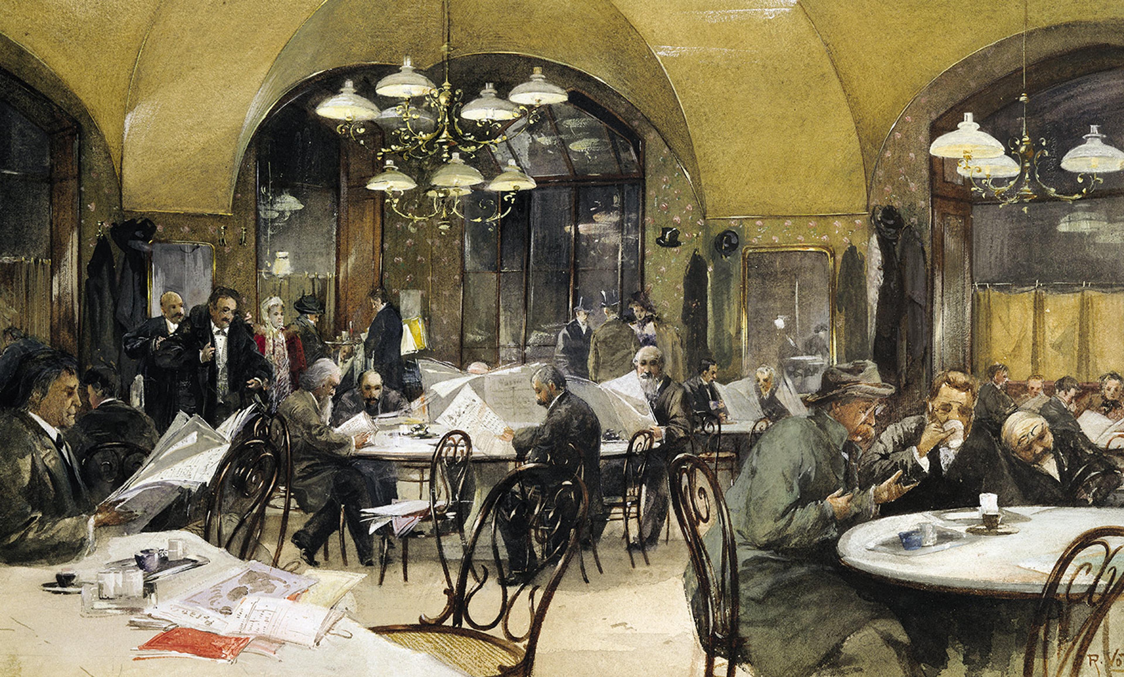 <p>The Café Griensteidl in Vienna, watercolour by Reinhold Voelkel, 1896. <em>Photo by Getty</em></p>