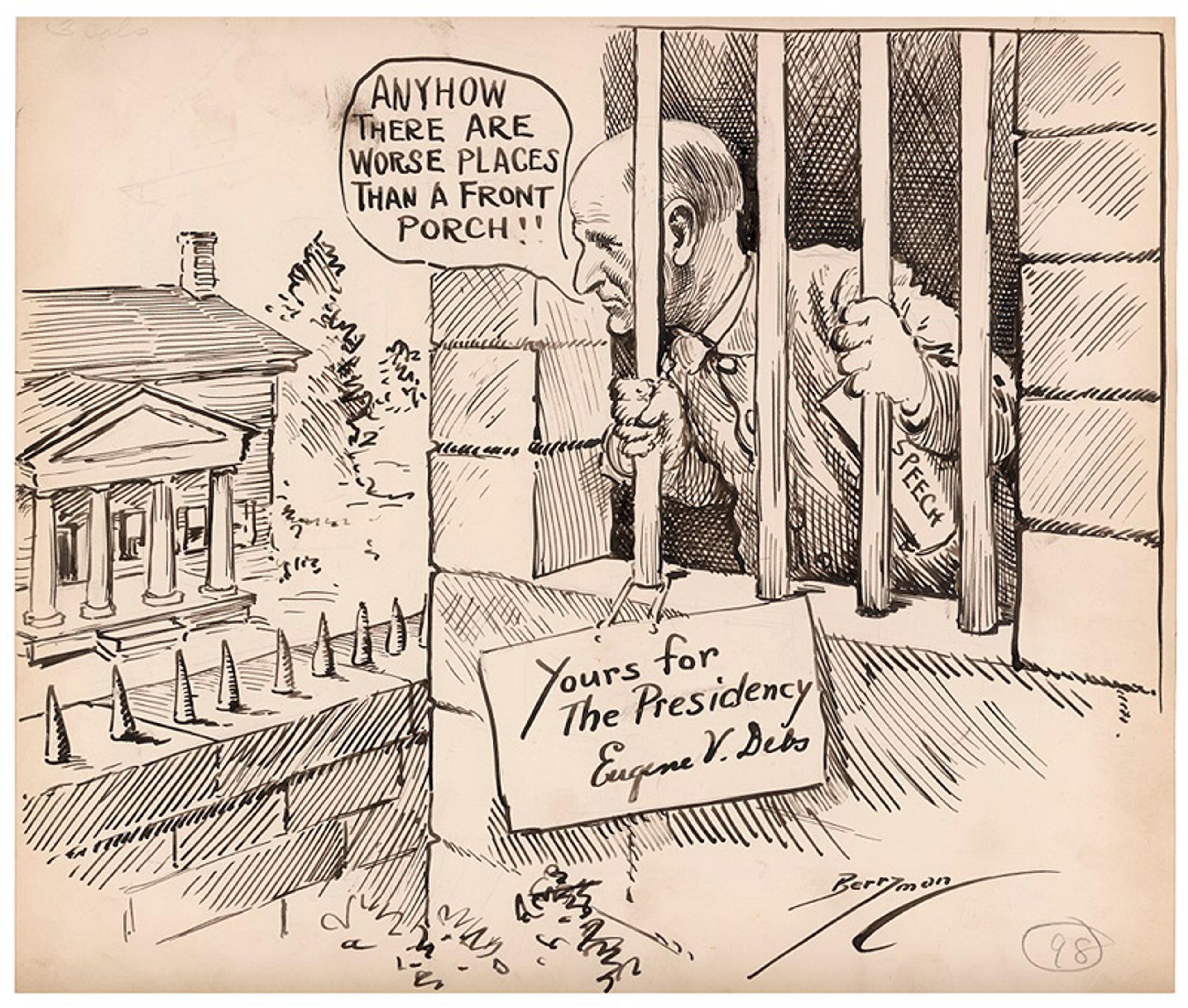 A cartoon of Debs pictured looking out from behind a barred prison window. A speech bubble says ‘Anyhow, there are worse places than a front porch’