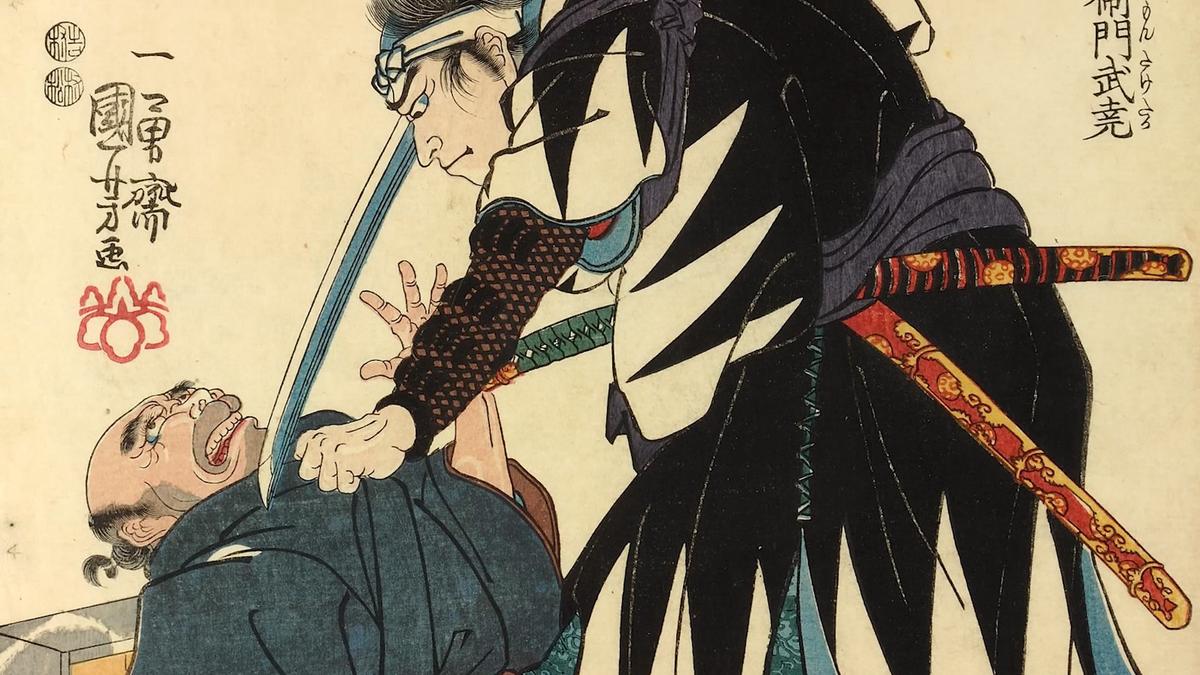Woodblock print of a samurai confronting a man, sword drawn, with Japanese text and intricate clothing details.
