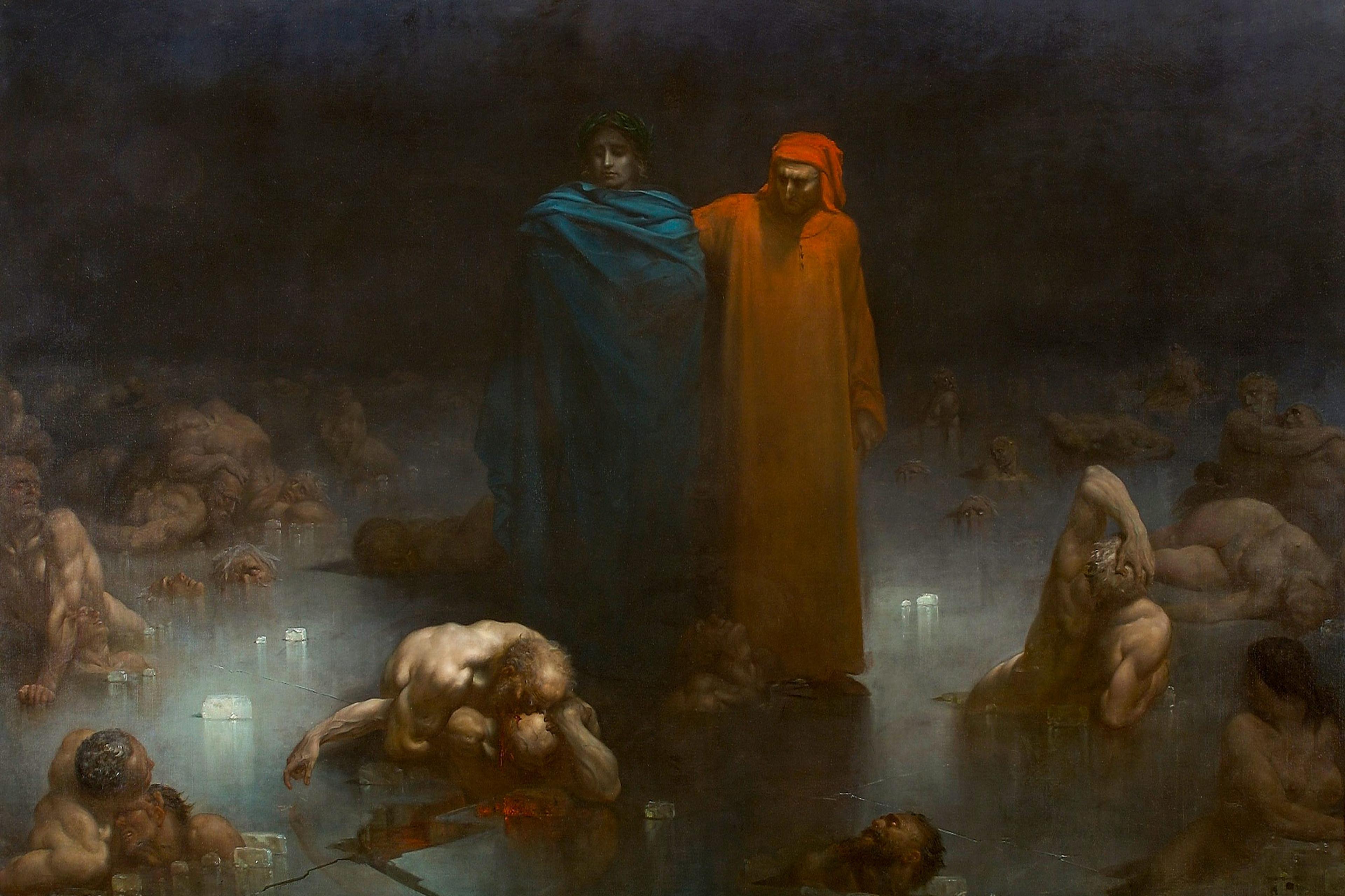 Two figures in flowing robes standing amidst partially submerged bodies in a dark, eerie landscape.