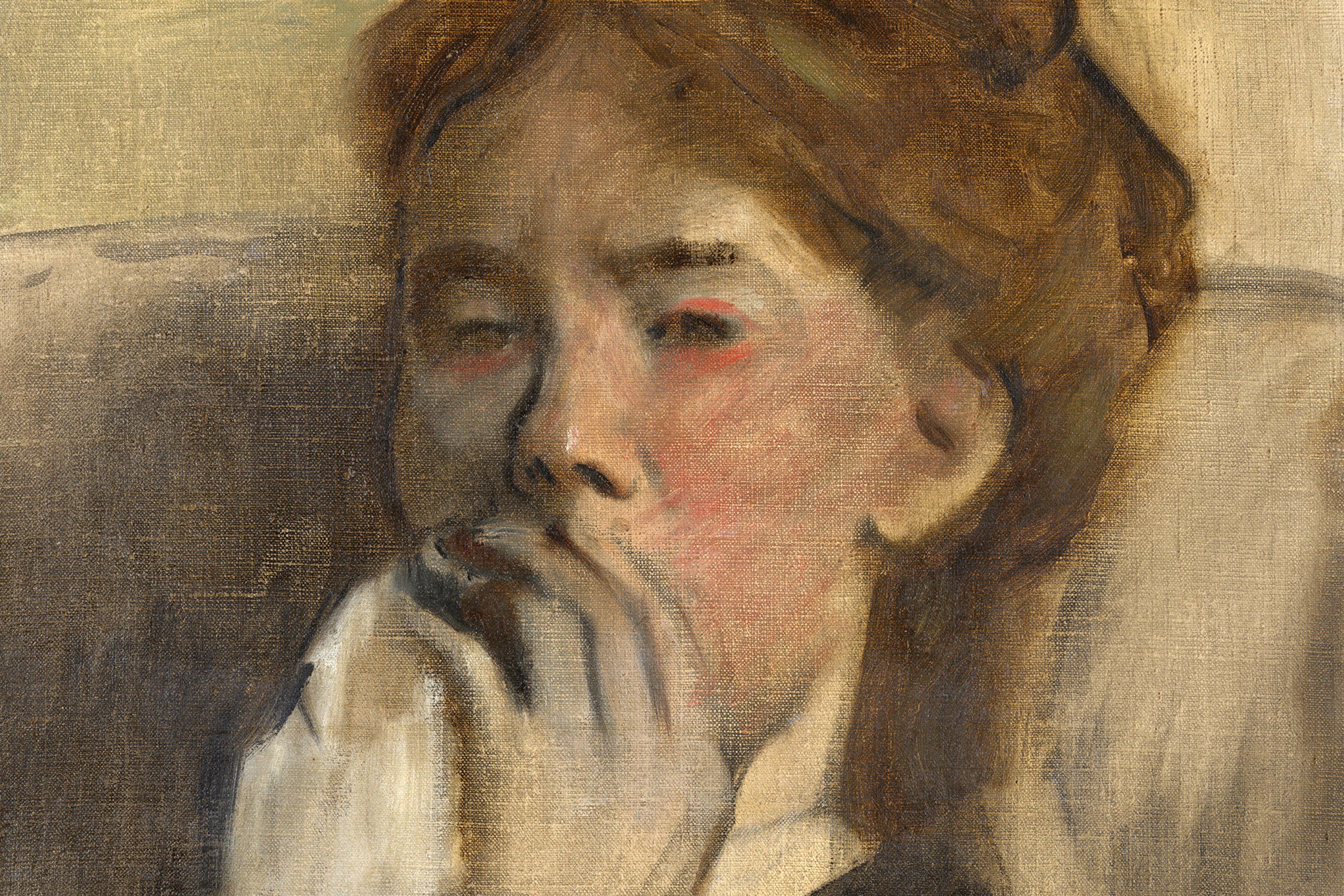 Painting of a woman with reddish hair and flushed cheeks holding a white cloth to her mouth, with a soft, blurred background.