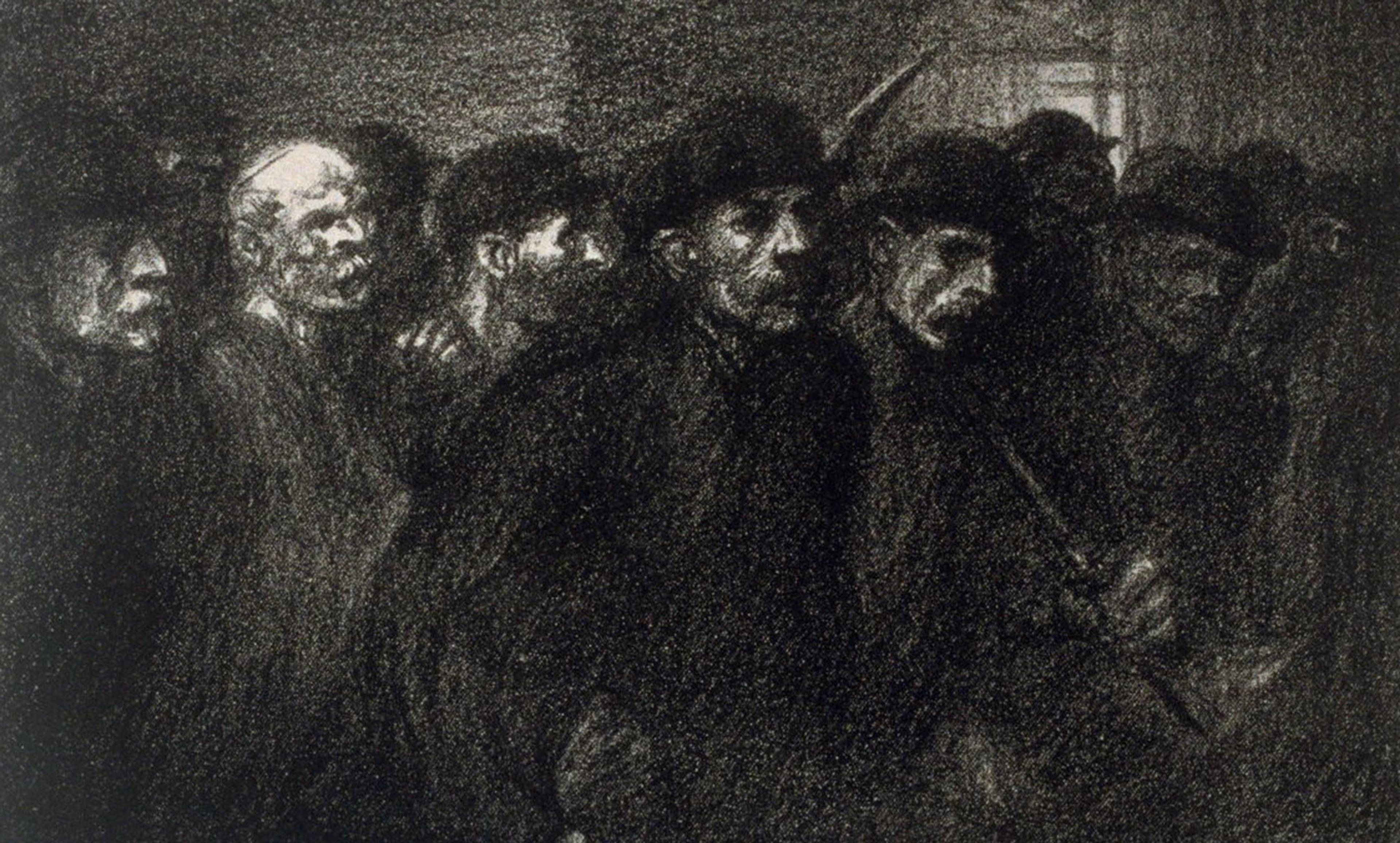 Dark charcoal drawing of sombre-faced men in hats closely huddled together in a shadowy, dimly lit environment.