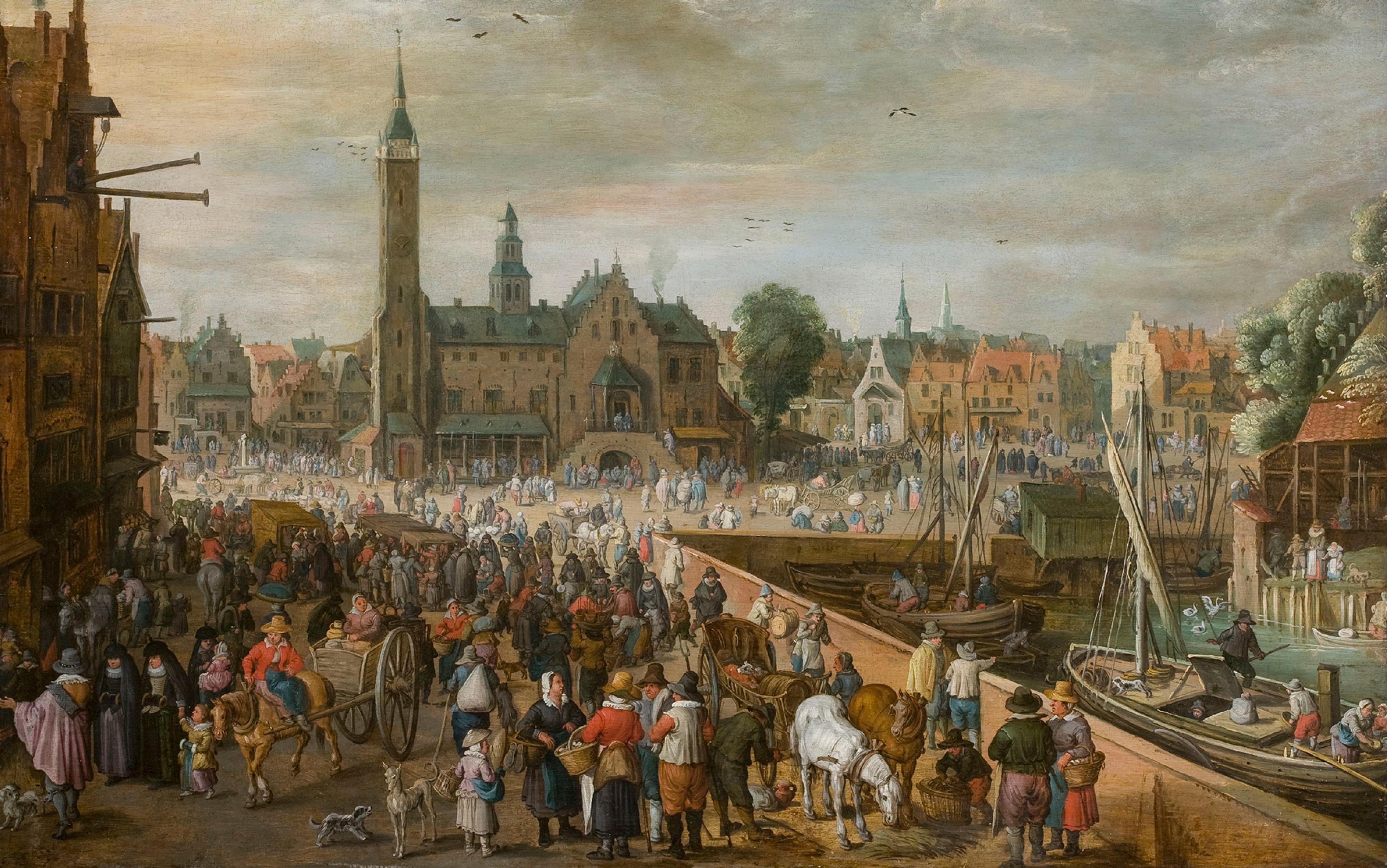 Painting of a bustling 17th-century market square with people, horses and a church, surrounded by historic buildings and boats on a waterway.