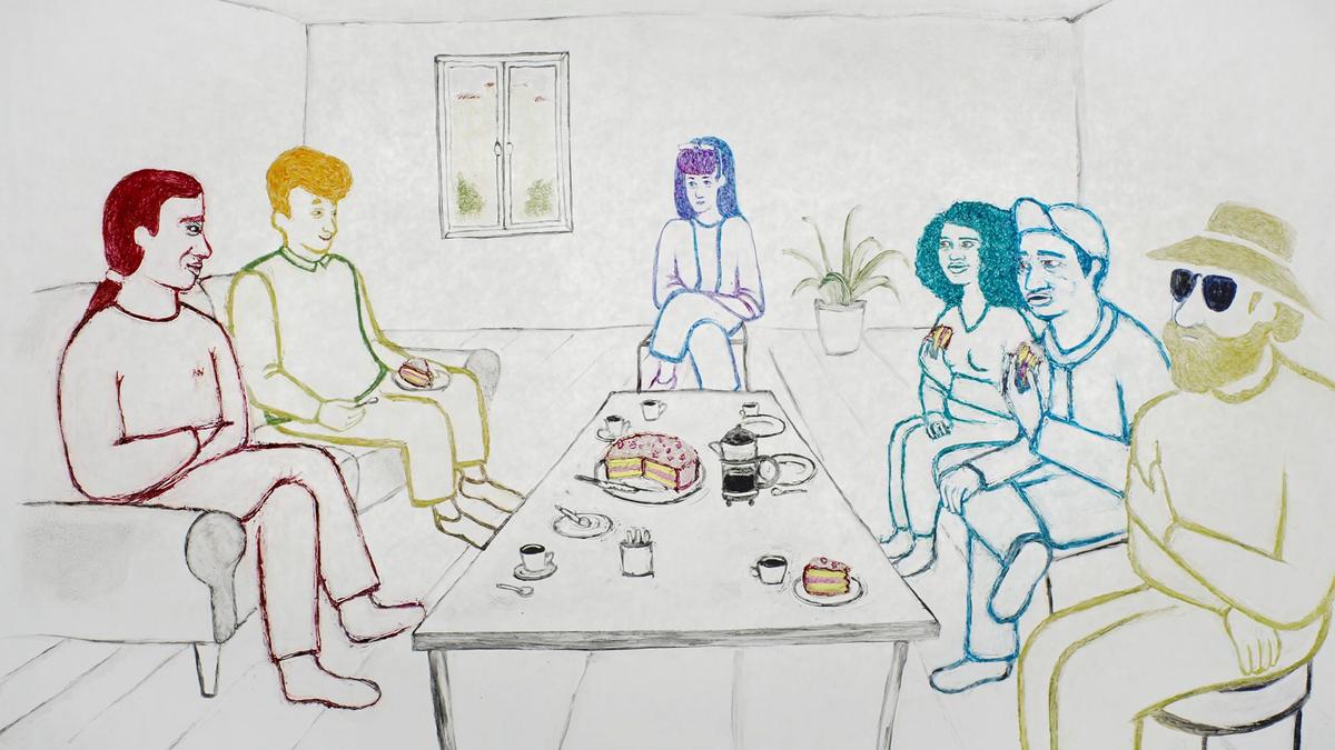 Drawing of six people in a living room having tea and cake around a table, with a window and plant in the background.