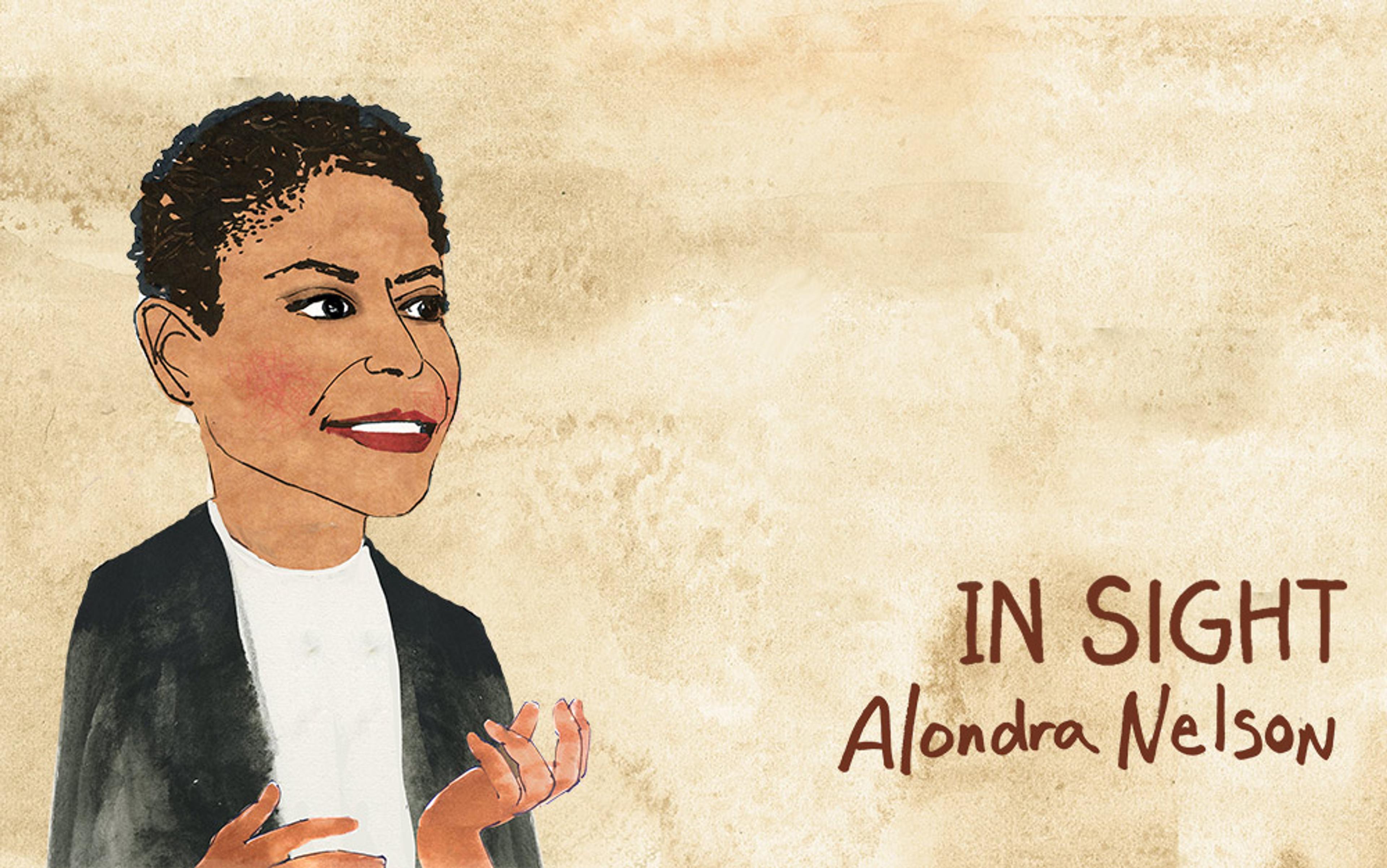 Watercolour illustration of a woman with short curly black hair and dark clothing on a beige background with the text “In Sight Alondra Nelson”.