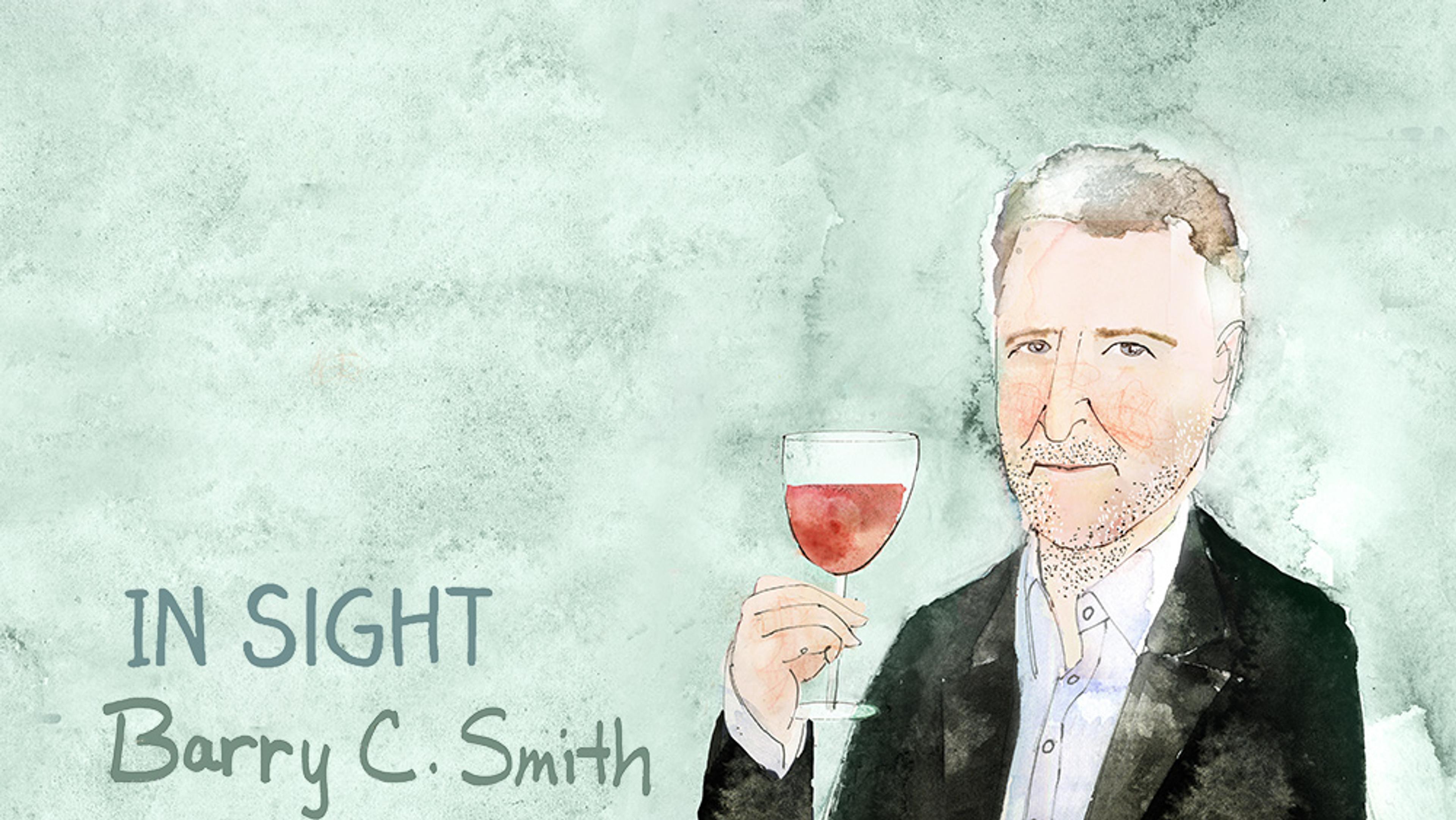 Watercolour painting of a man holding a glass of red wine, with text “IN SIGHT Barry C. Smith” on a greenish background.