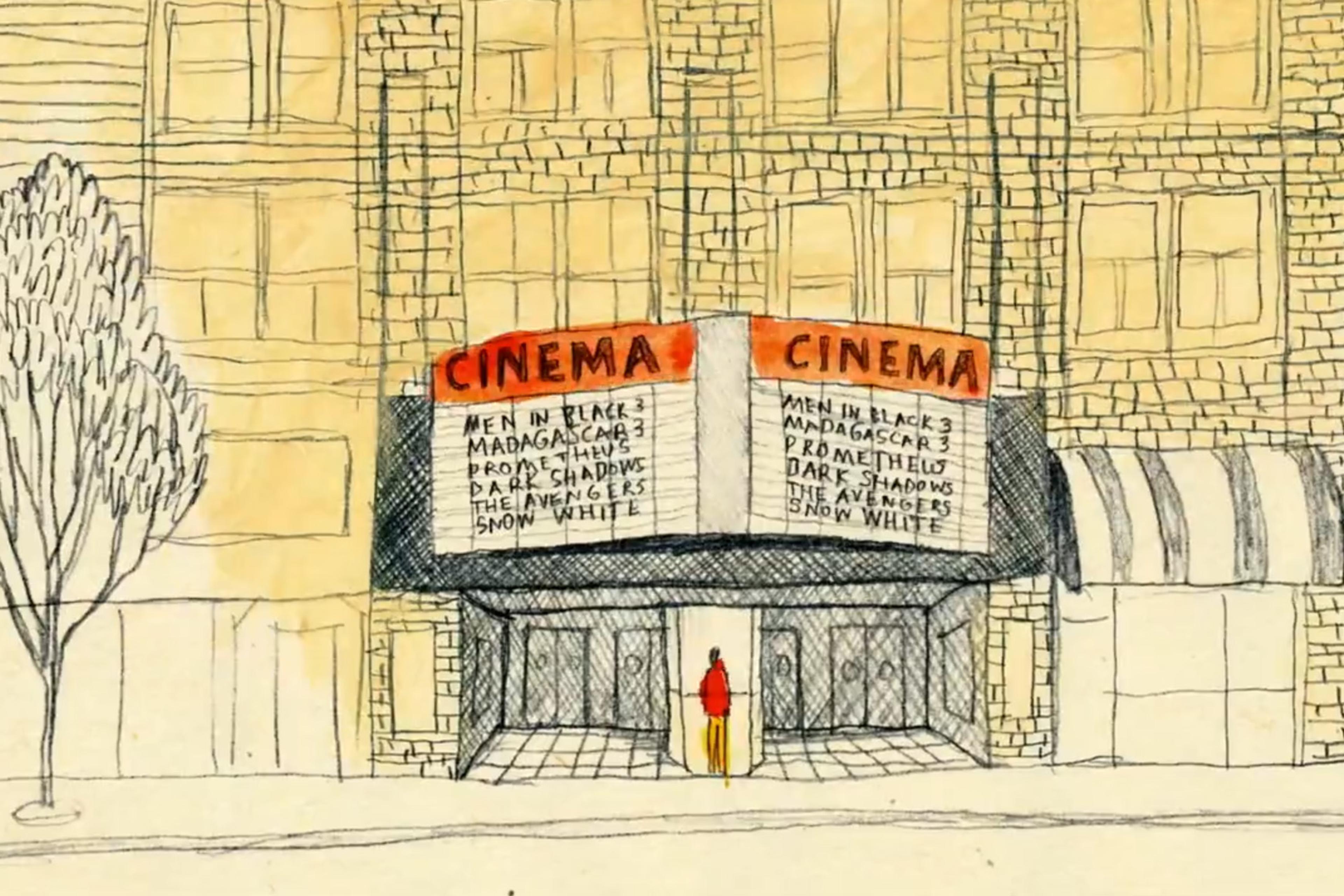 Hand-drawn cinema facade with film listings. One person in red is entering through the door. Building exterior has detailed brickwork and a tree.