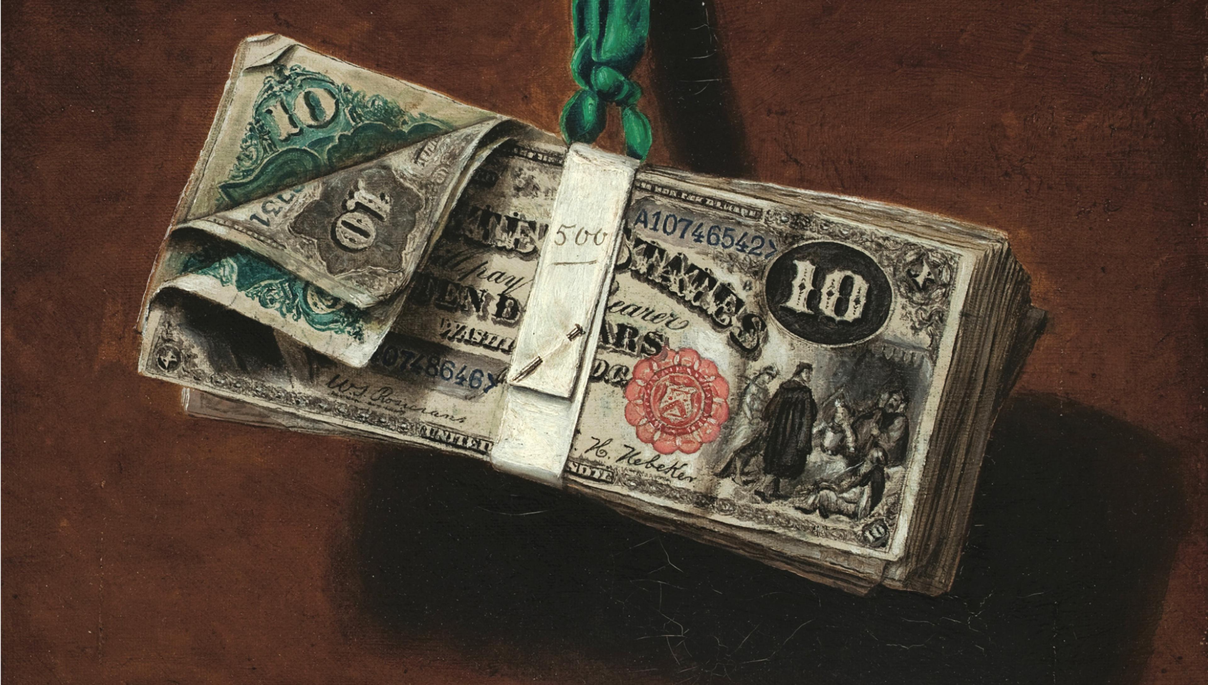 Painting of a bundled stack of old ten-dollar bills tied with a green ribbon set against a dark brown background.