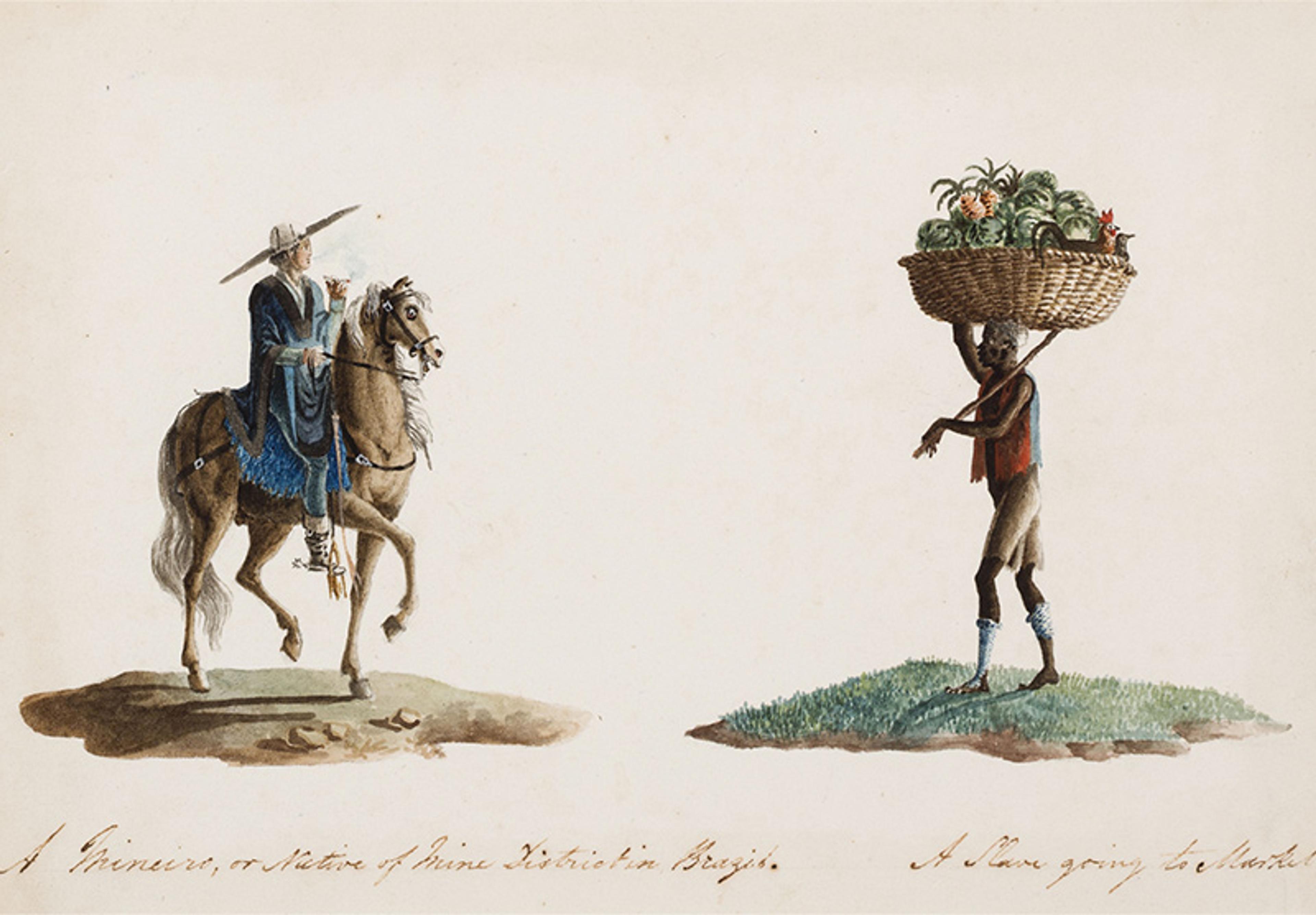 Watercolour painting of a person on horseback and another carrying a basket on their head in a rural landscape.