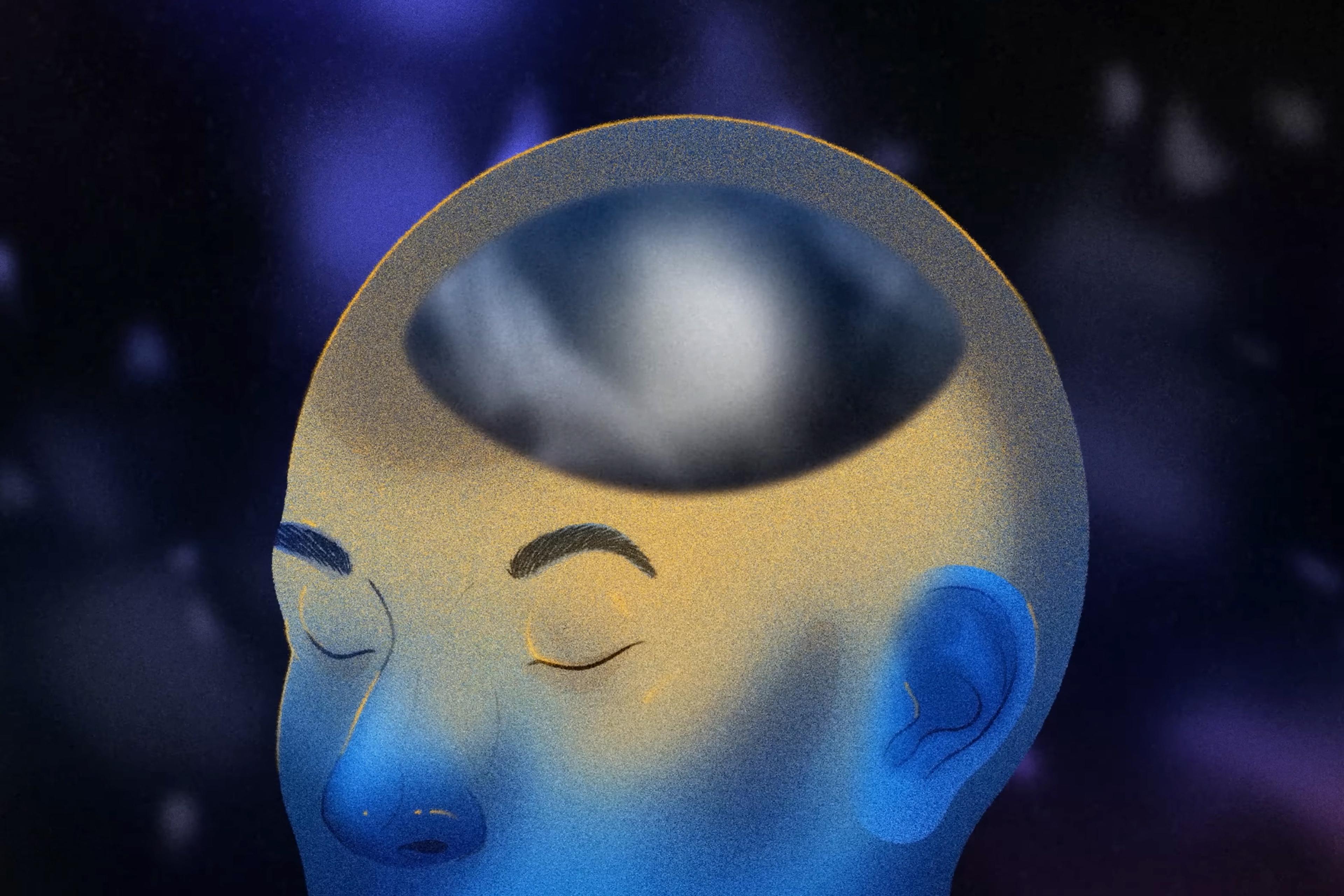 Abstract illustration of a head with an open mind in blue and gold tones with blurred background.