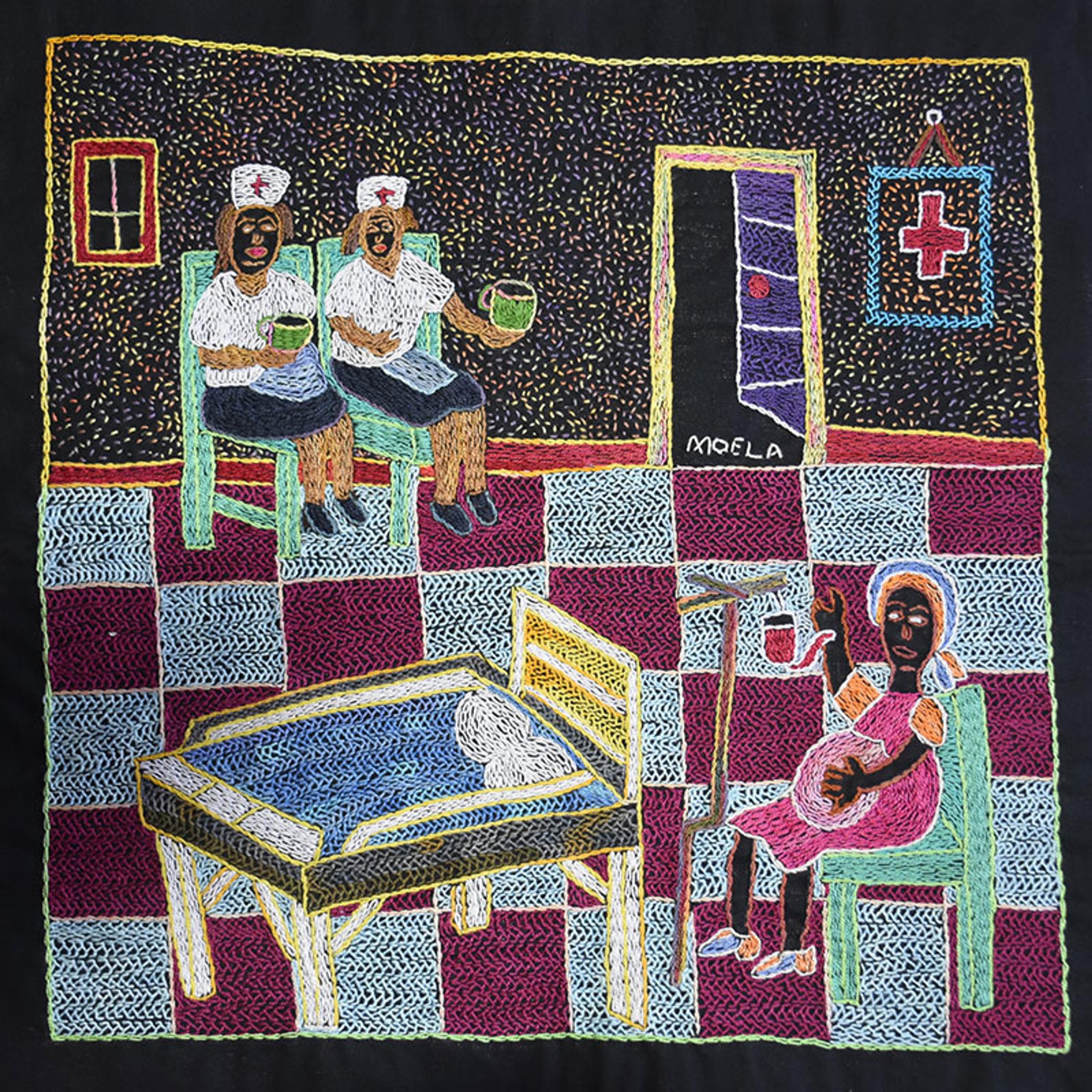Embroidered artwork showing two nurses sitting together and drinking in a hospital room where a patient is hooked up to an IV drip.