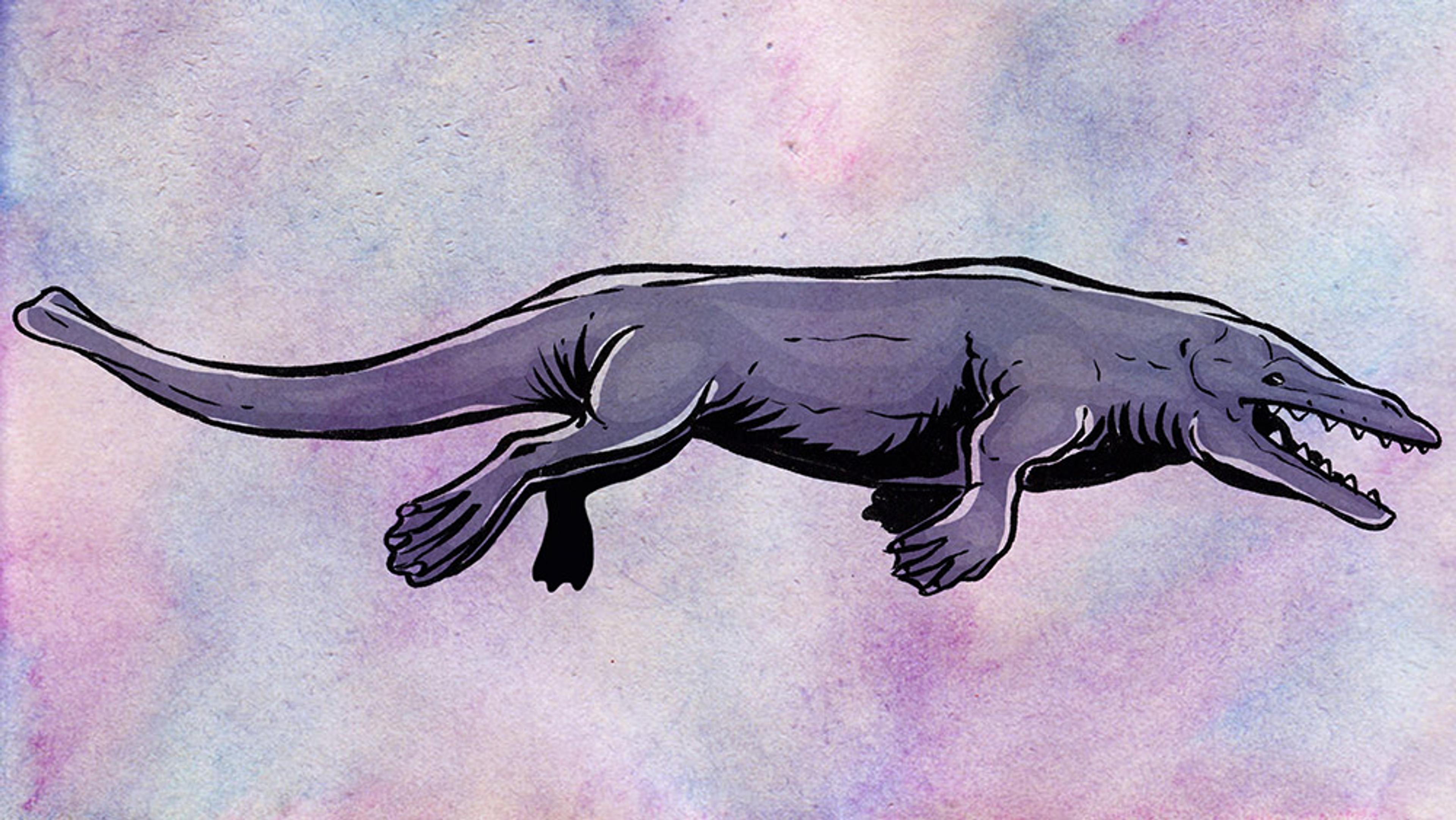 A painting of a prehistoric marine reptile with a long tail and sharp teeth on a pastel-coloured background.