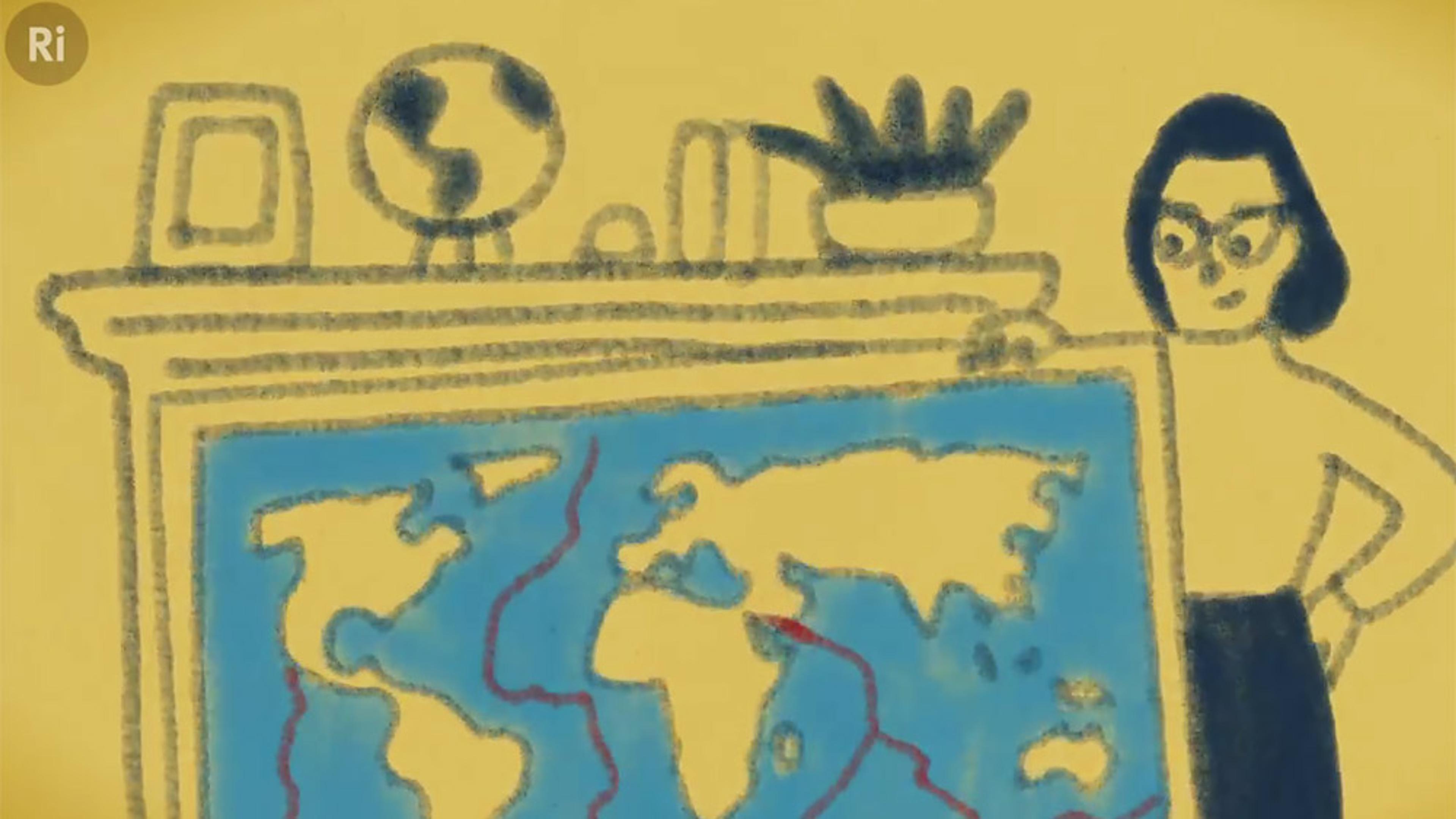 Illustration of a woman with glasses standing beside a large map of the world, with a globe and a plant on a shelf behind her.