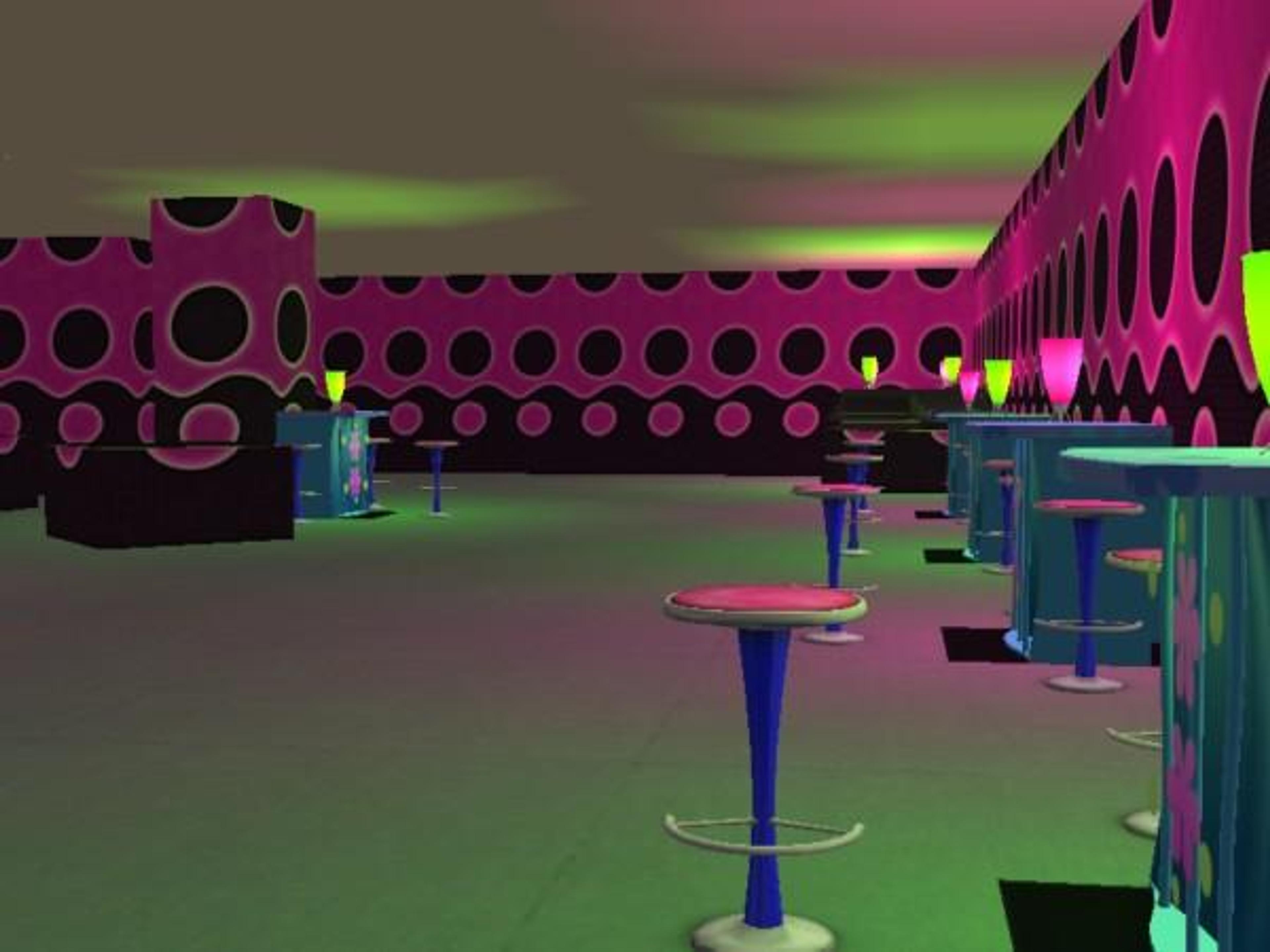 A computer-generated image of the interior of a neon-lit nightclub
