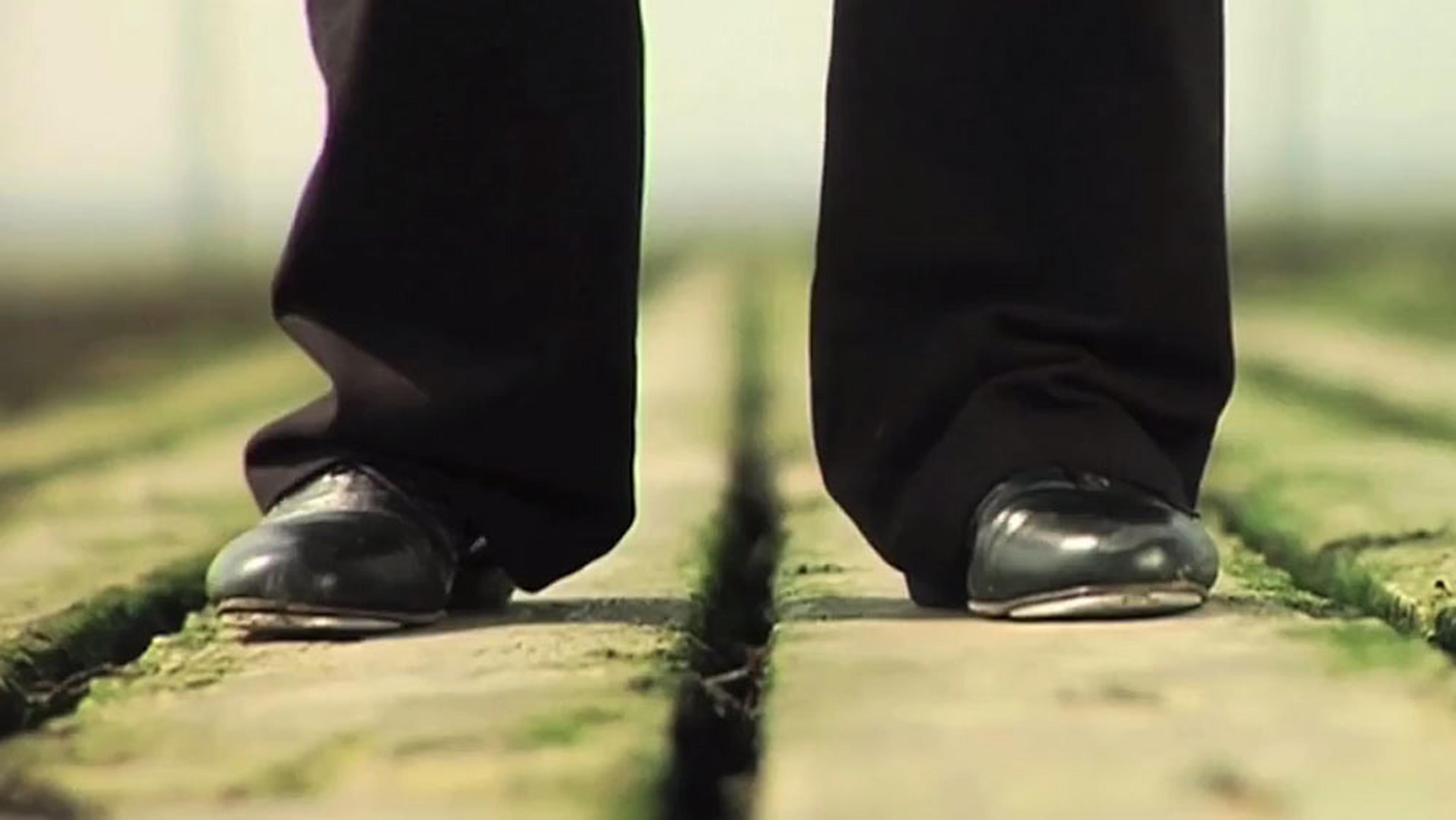 Close-up of a person’s black shoes and black trousers walking on a weathered wooden plank path with green moss.