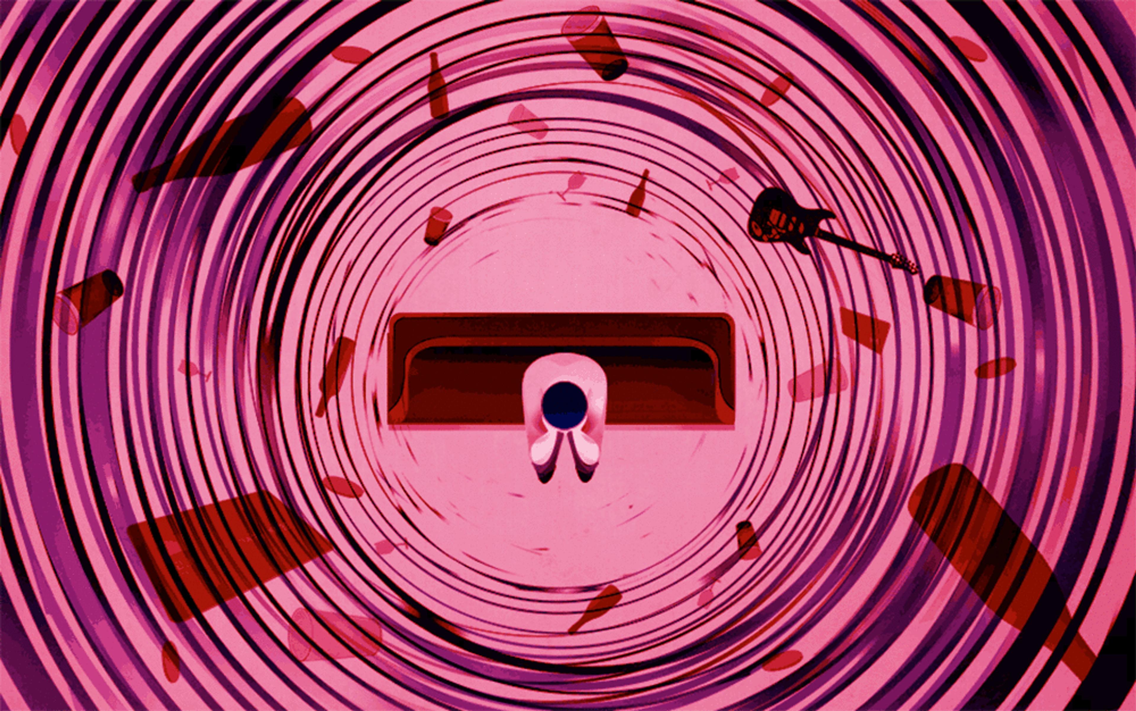 A stylised digital artwork of a person at a desk with swirls and floating objects like bottles and a guitar in a pink background.