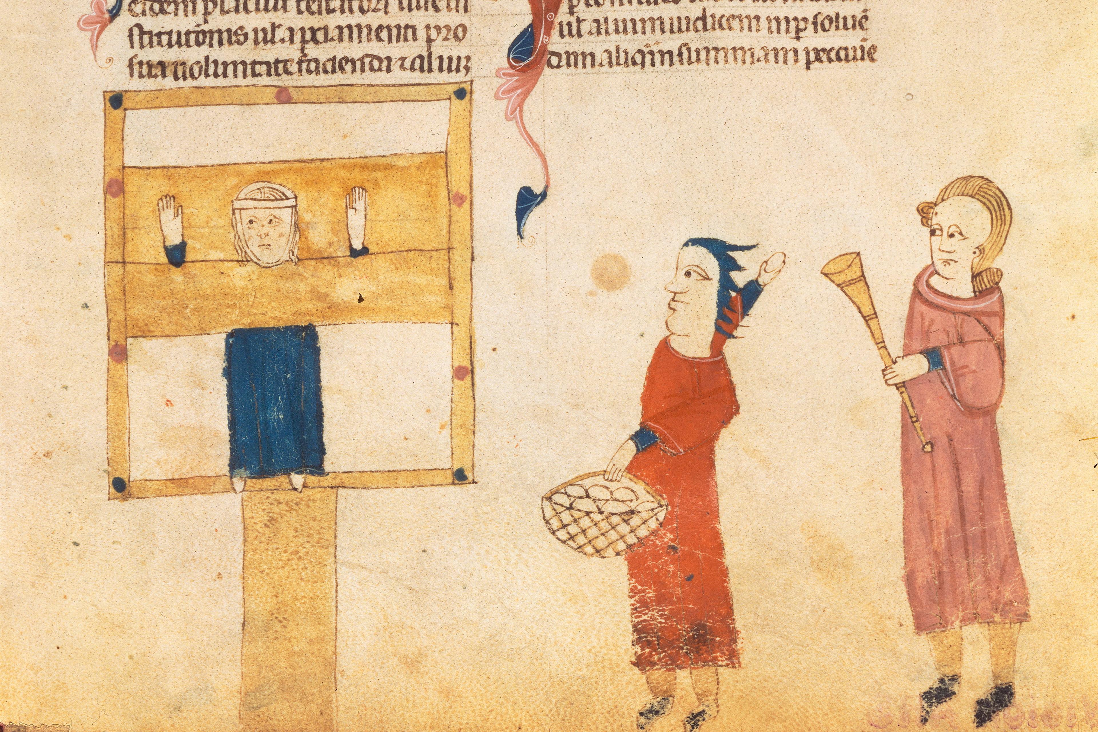 Medieval manuscript illustration of a person in stocks with two figures nearby, one in red with a basket.